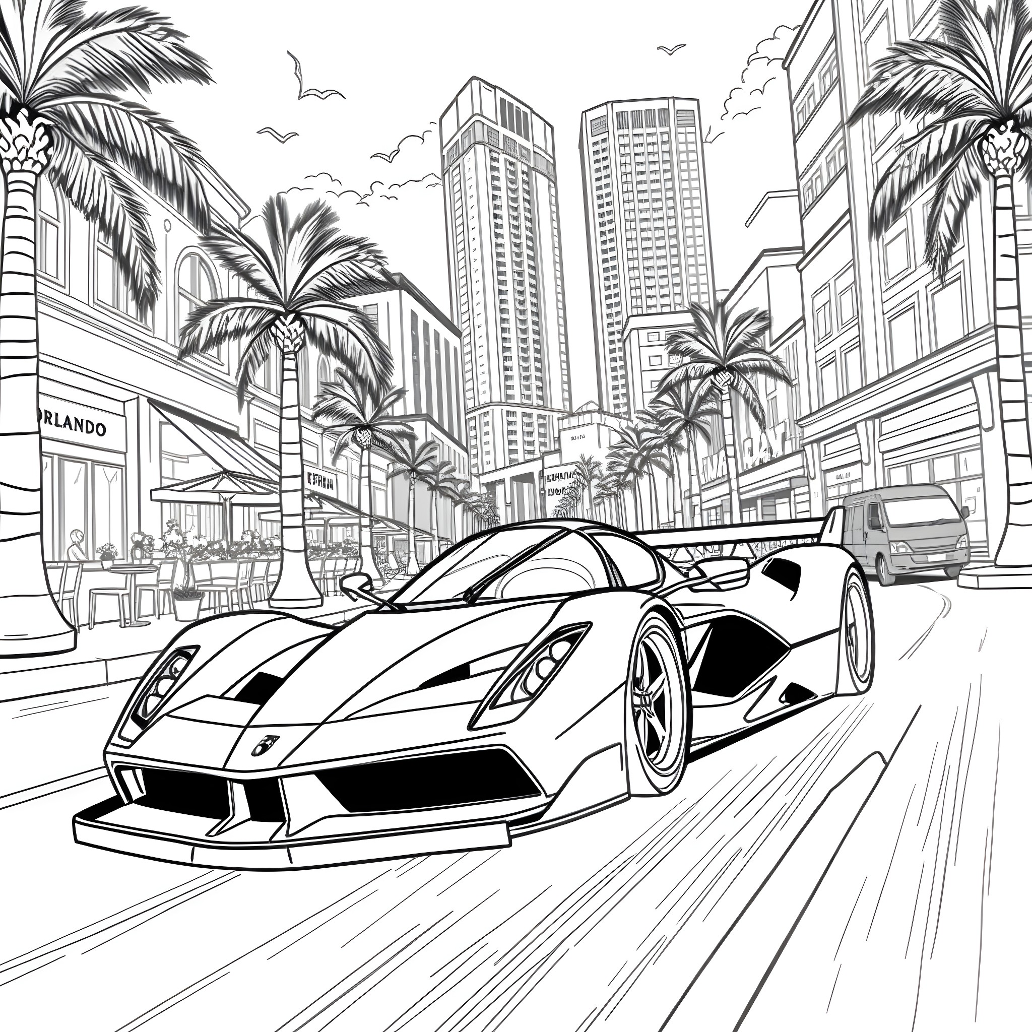 Ferrari Supercar Speeding Through City Streets Coloring Page (free black-and-white line drawing printable PDF for all, from beginners to advanced learners, including children, teens, adults, and seniors)
