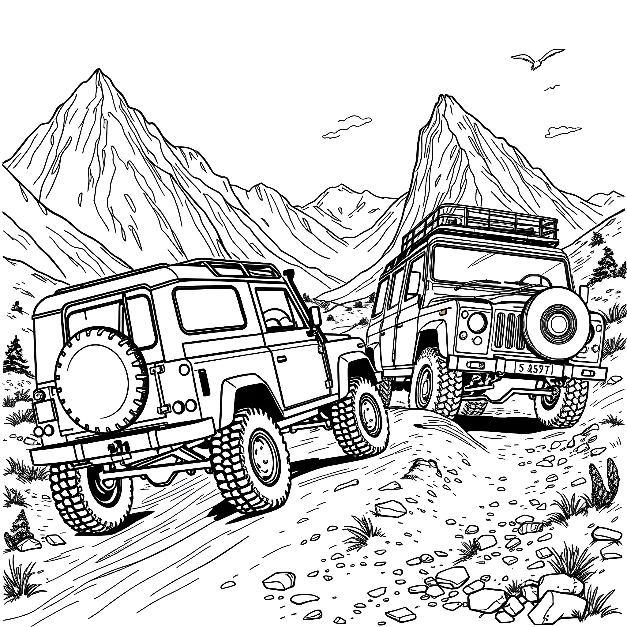 Vehicles navigating through rugged mountain landscape Coloring Page (free black-and-white line drawing printable PDF for all, from beginners to advanced learners, including children, teens, adults, and seniors)