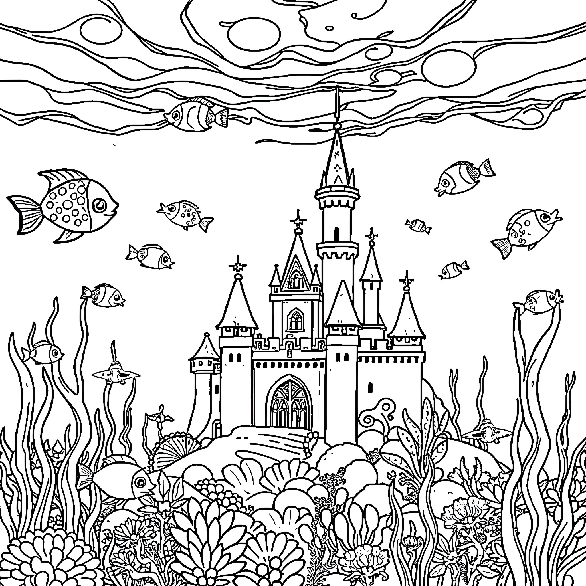 Castle Under the Sea with Marine Life Coloring Page (free black-and-white line drawing printable PDF for all, from beginners to advanced learners, including children, teens, adults, and seniors)