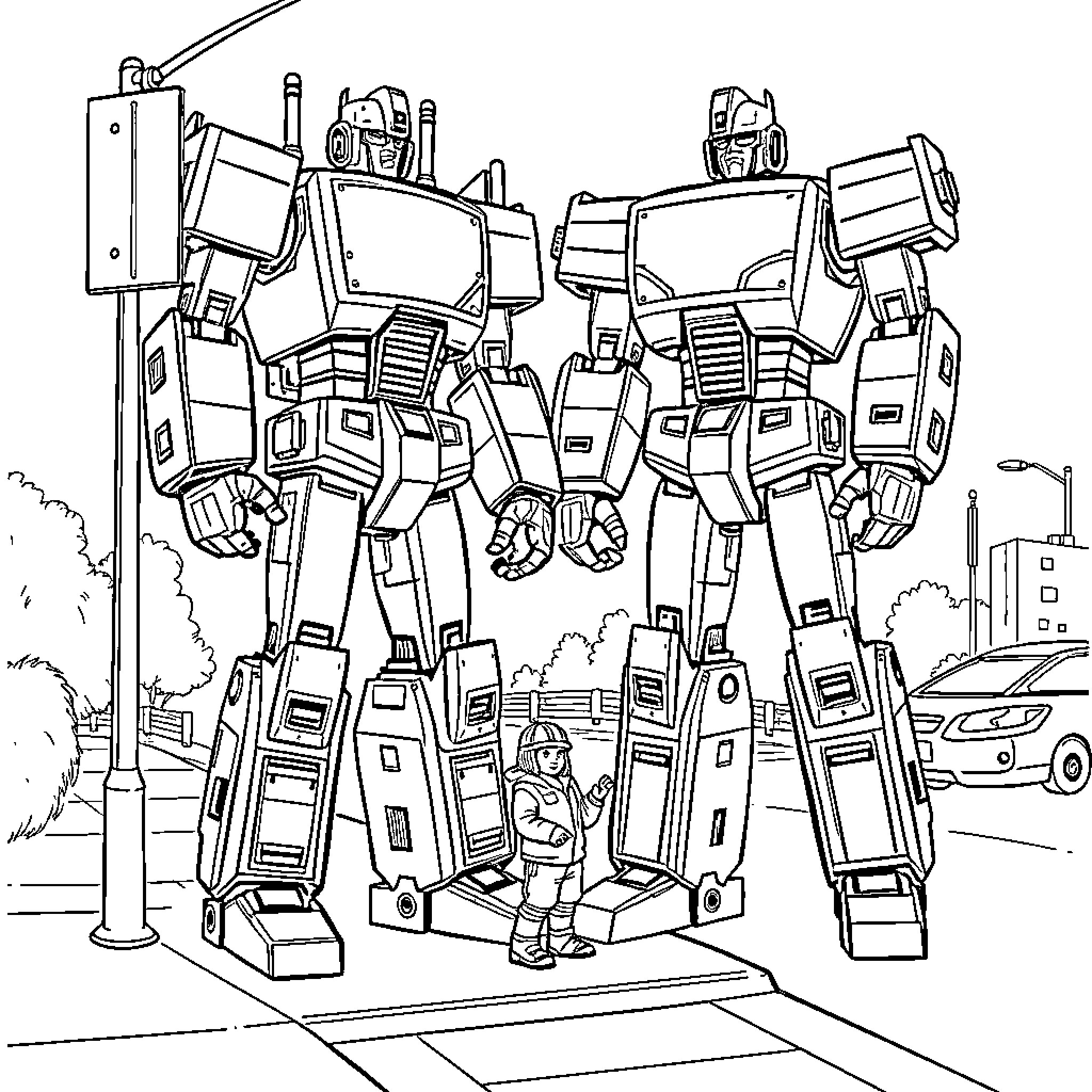 Robot Mechs Towering Over City Streets Coloring Page (free black-and-white line drawing printable PDF for all, from beginners to advanced learners, including children, teens, adults, and seniors)