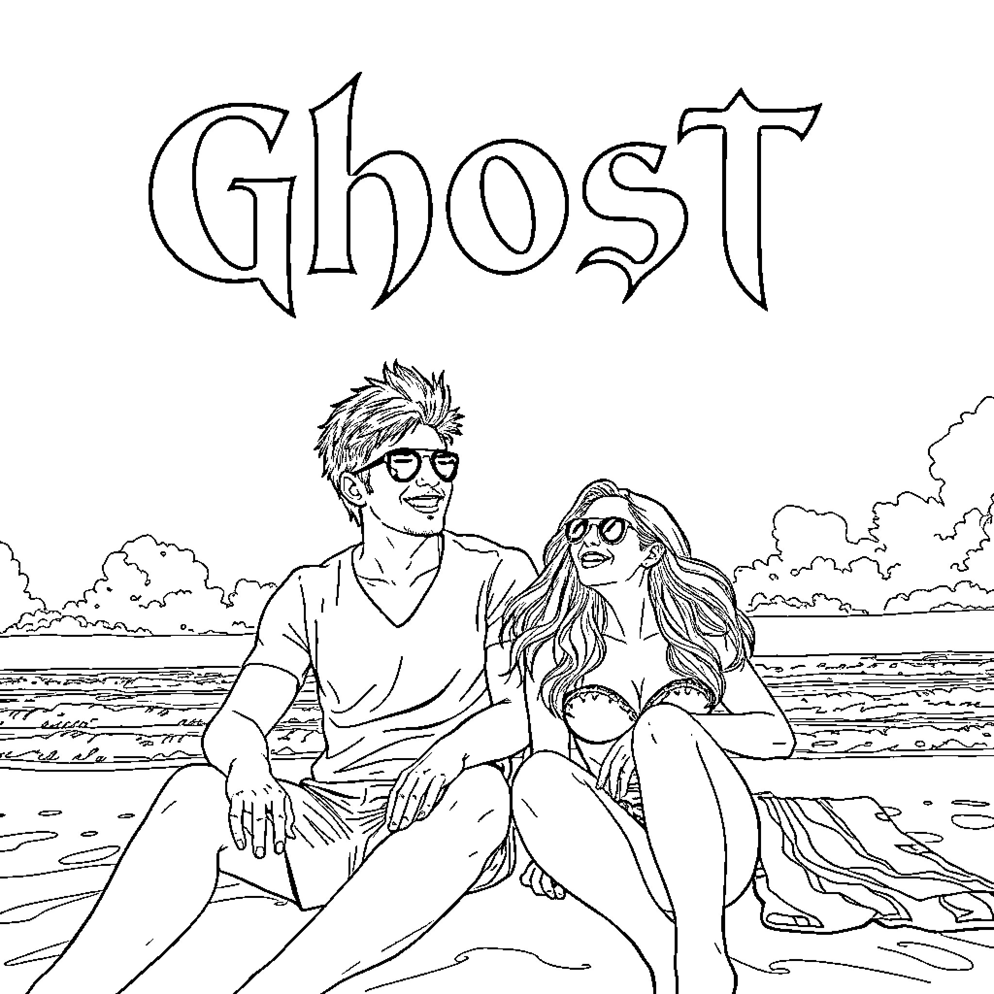 Ghost couple enjoying beach scenery Coloring Page (free black-and-white line drawing printable PDF for all, from beginners to advanced learners, including children, teens, adults, and seniors)