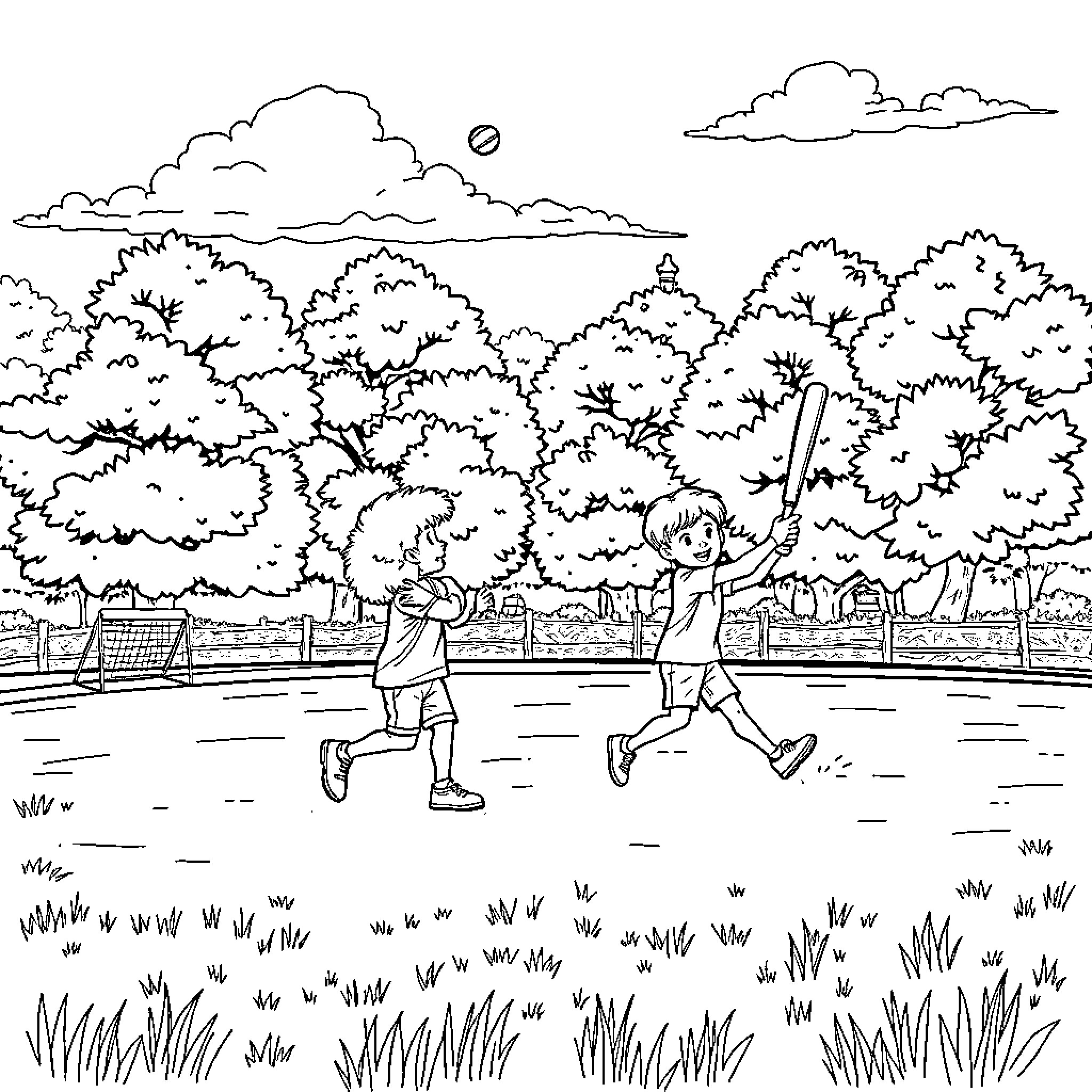 Kids playing happily in the park Coloring Page (free black-and-white line drawing printable PDF for all, from beginners to advanced learners, including children, teens, adults, and seniors)