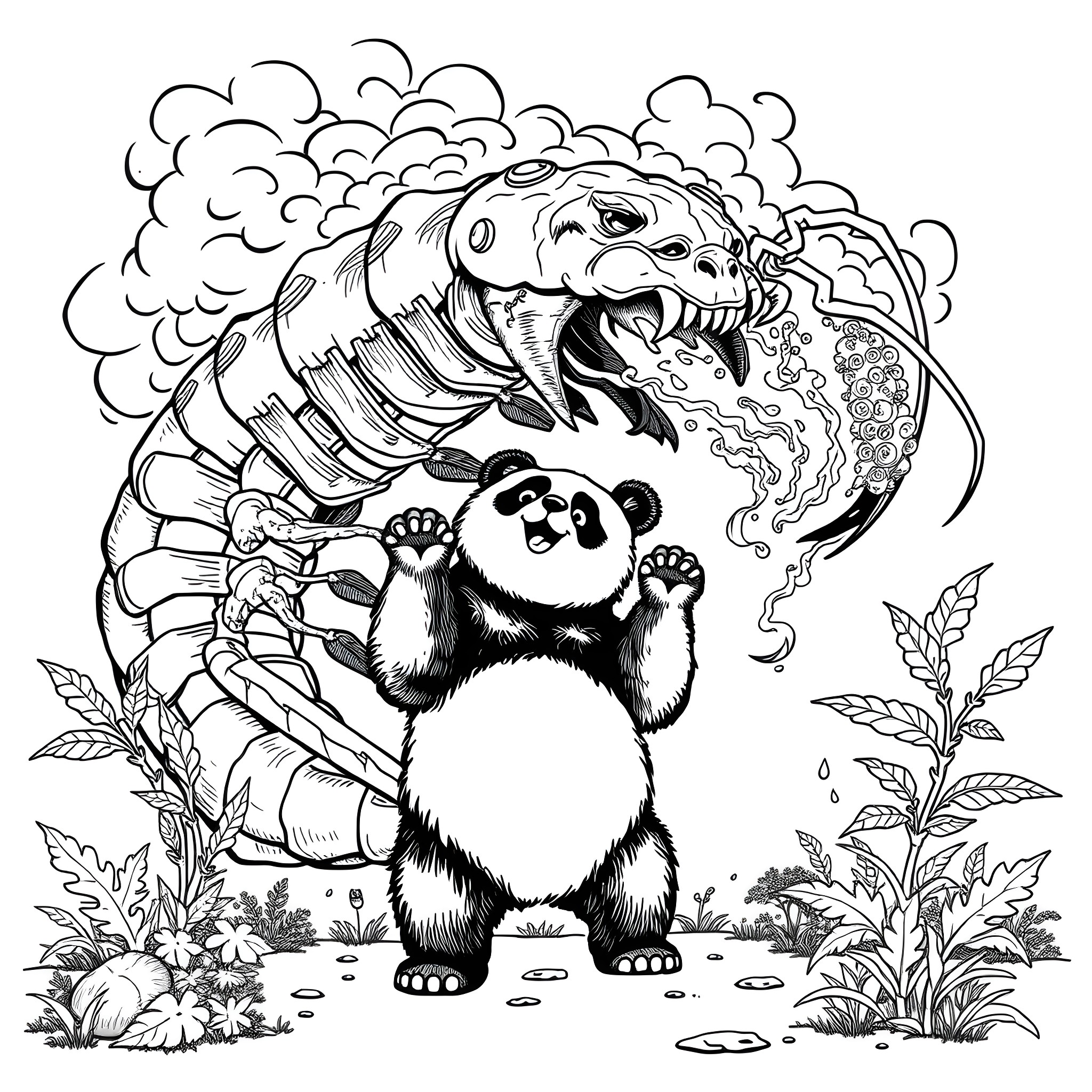 Panda confronting a ferocious dinosaur in the wild Coloring Page (free black-and-white line drawing printable PDF for all, from beginners to advanced learners, including children, teens, adults, and seniors)