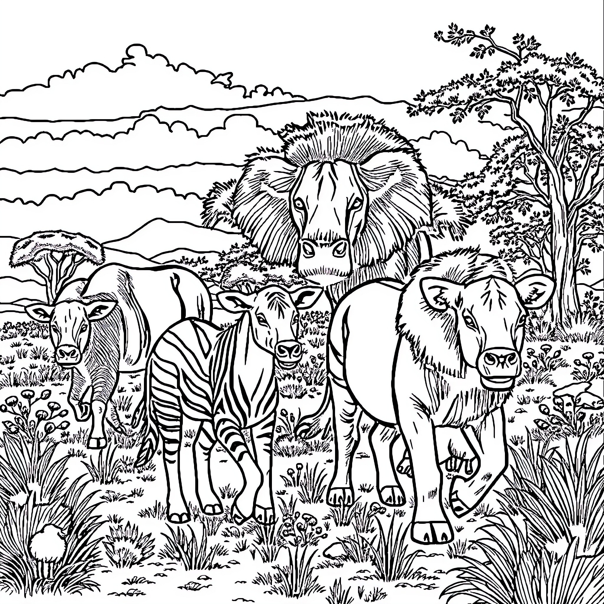 Wild Animal Gathering in Lush Wilderness Landscape Coloring Page (free black-and-white line drawing printable PDF for all, from beginners to advanced learners, including children, teens, adults, and seniors)