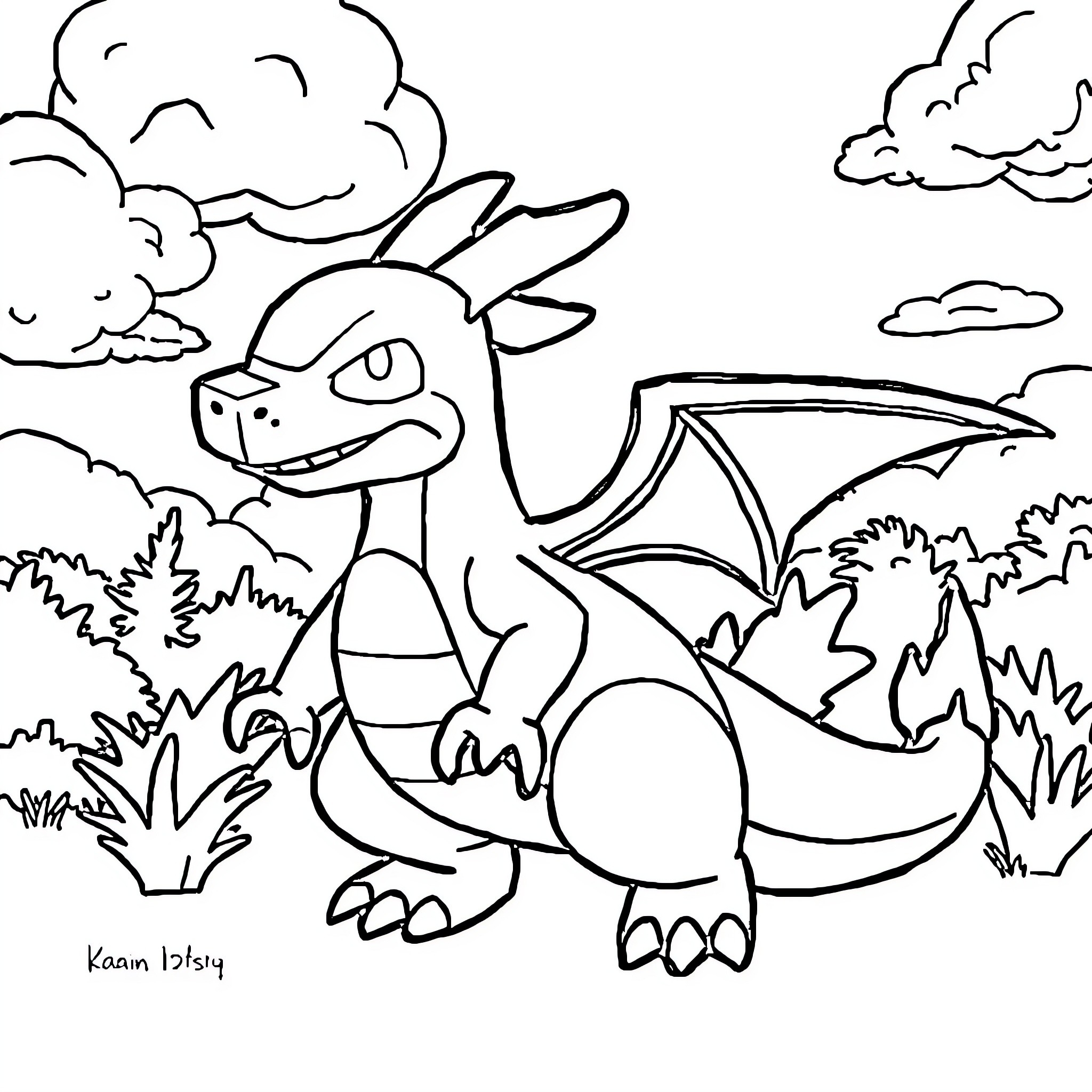 Charizard in a scenic outdoor setting Coloring Page (free black-and-white line drawing printable PDF for all, from beginners to advanced learners, including children, teens, adults, and seniors)