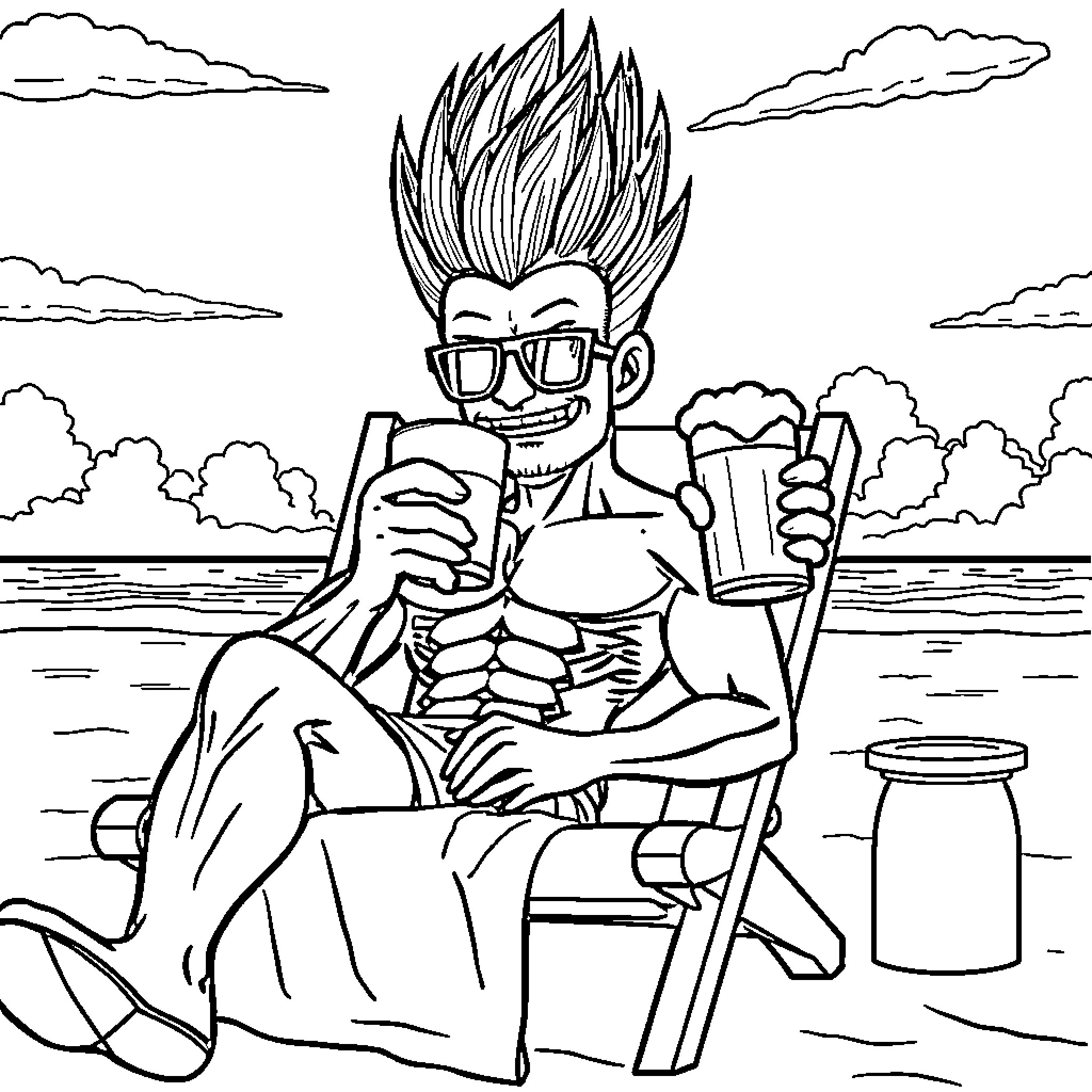 Vegeta relaxing and enjoying a refreshment by the beach Coloring Page (free black-and-white line drawing printable PDF for all, from beginners to advanced learners, including children, teens, adults, and seniors)