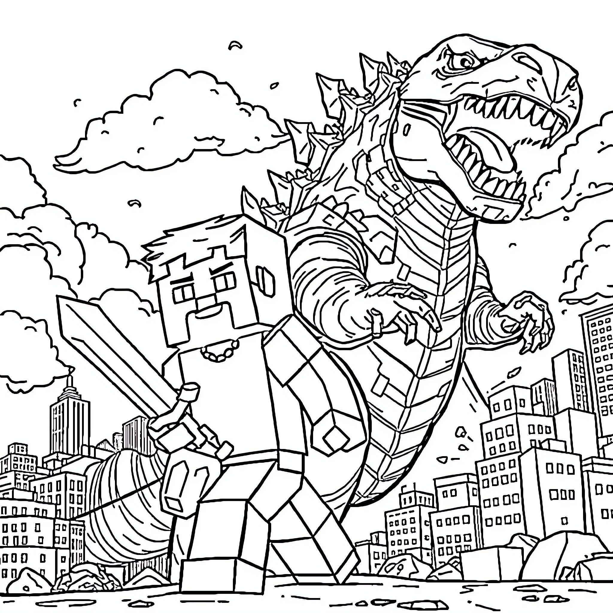 Minecraft Steve in epic monster battle against city skyline Coloring Page (free black-and-white line drawing printable PDF for all, from beginners to advanced learners, including children, teens, adults, and seniors)