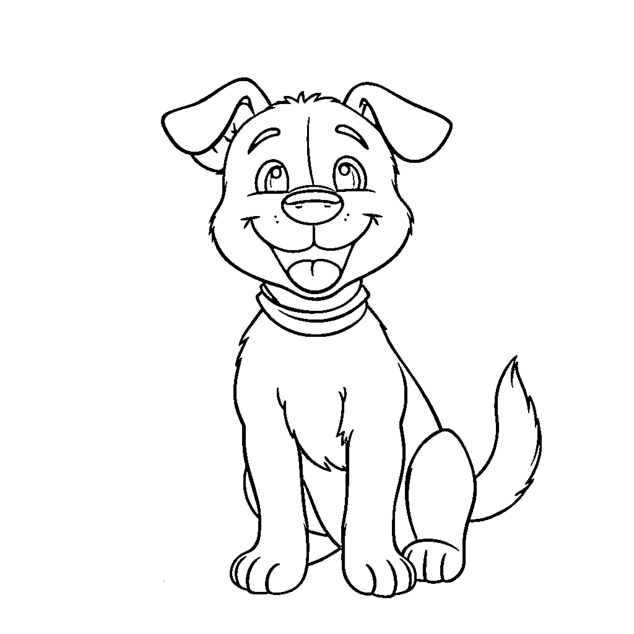 Dog smiling happily in cartoon style Coloring Page (free black-and-white line drawing printable PDF for all, from beginners to advanced learners, including children, teens, adults, and seniors)