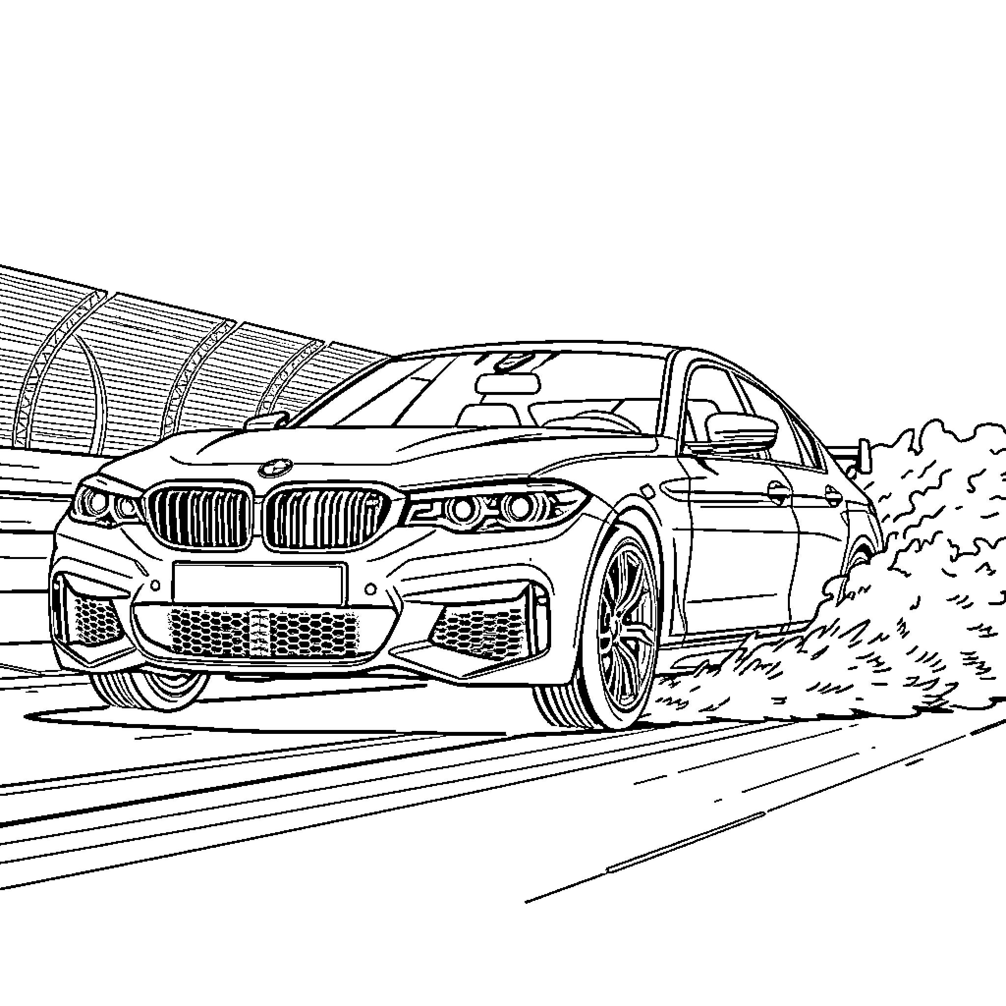 BMW Luxury Sedan Speeding on the Track Coloring Page (free black-and-white line drawing printable PDF for all, from beginners to advanced learners, including children, teens, adults, and seniors)