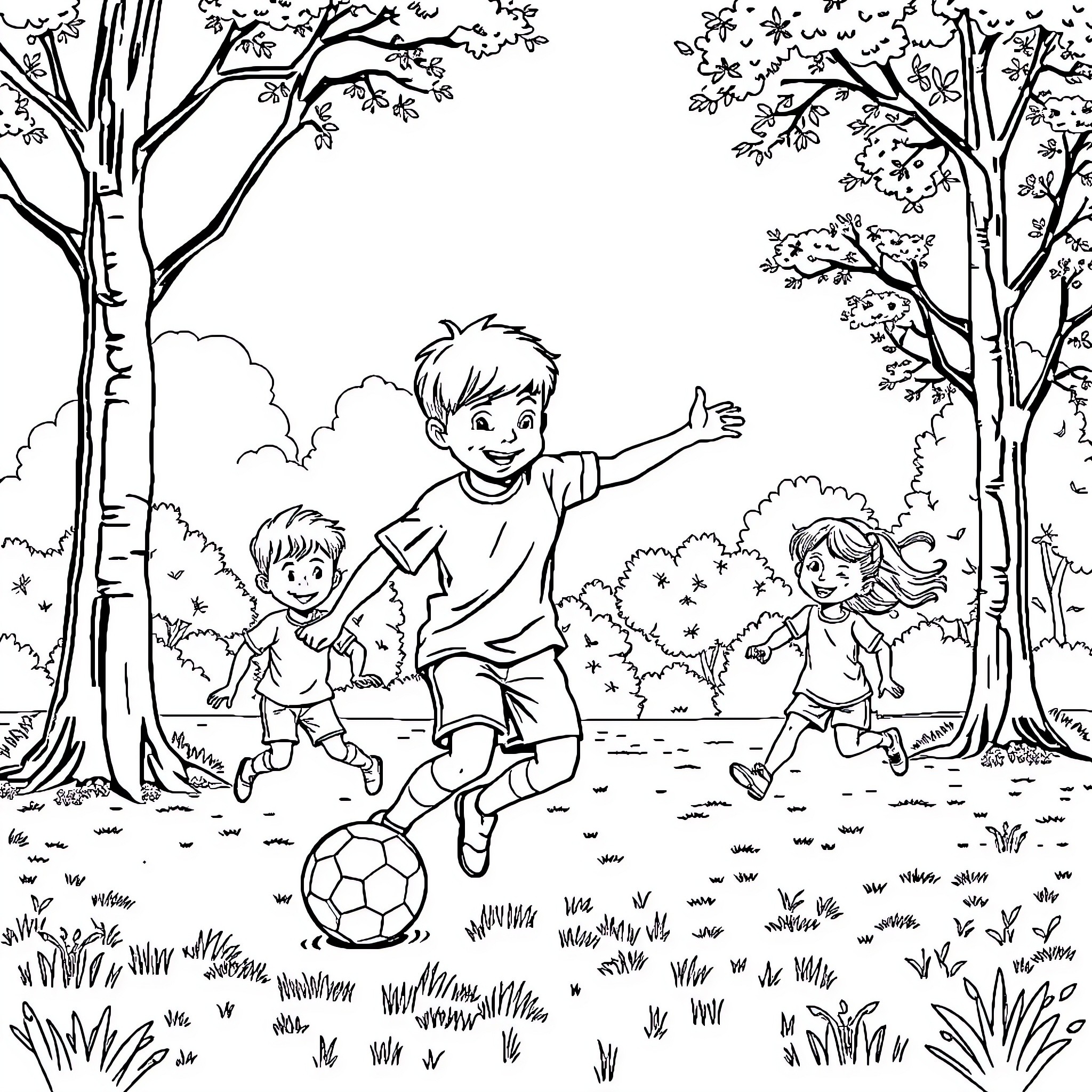 Football players enjoying outdoor game in park Coloring Page (free black-and-white line drawing printable PDF for all, from beginners to advanced learners, including children, teens, adults, and seniors)