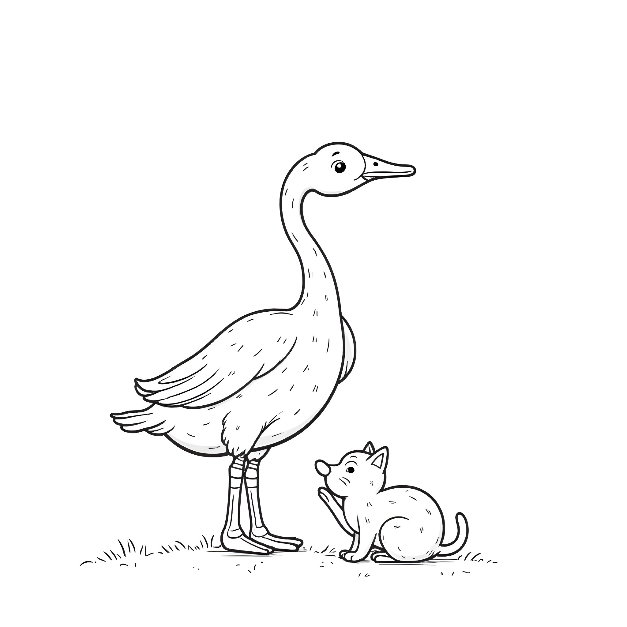 Goose and a curious cat Coloring Page (free black-and-white line drawing printable PDF for all, from beginners to advanced learners, including children, teens, adults, and seniors)