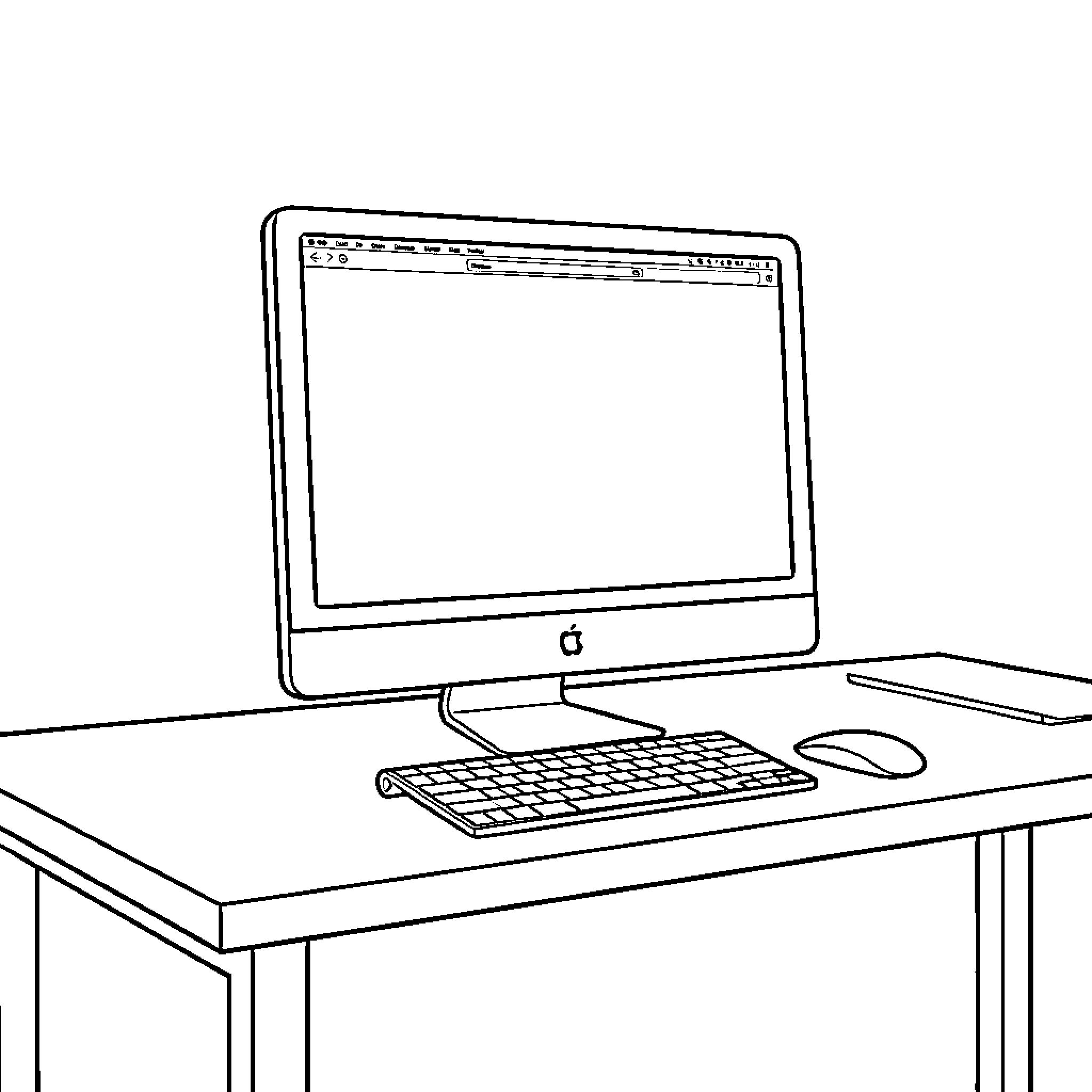 iMac on desk with keyboard and mouse Coloring Page (free black-and-white line drawing printable PDF for all, from beginners to advanced learners, including children, teens, adults, and seniors)