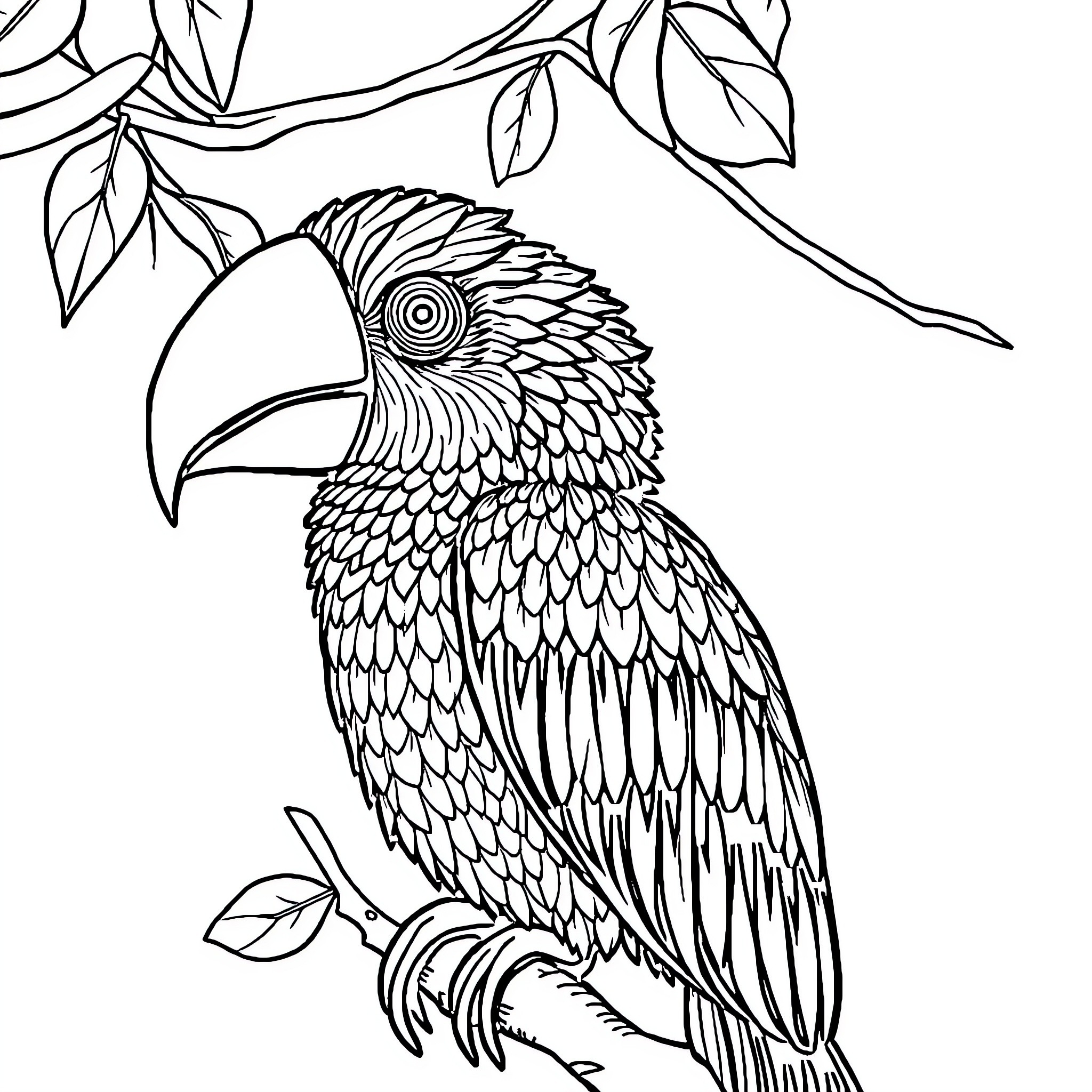 Animal and Fruit: Detailed Parrot Portrait on Branch Coloring Page (free black-and-white line drawing printable PDF for all, from beginners to advanced learners, including children, teens, adults, and seniors)