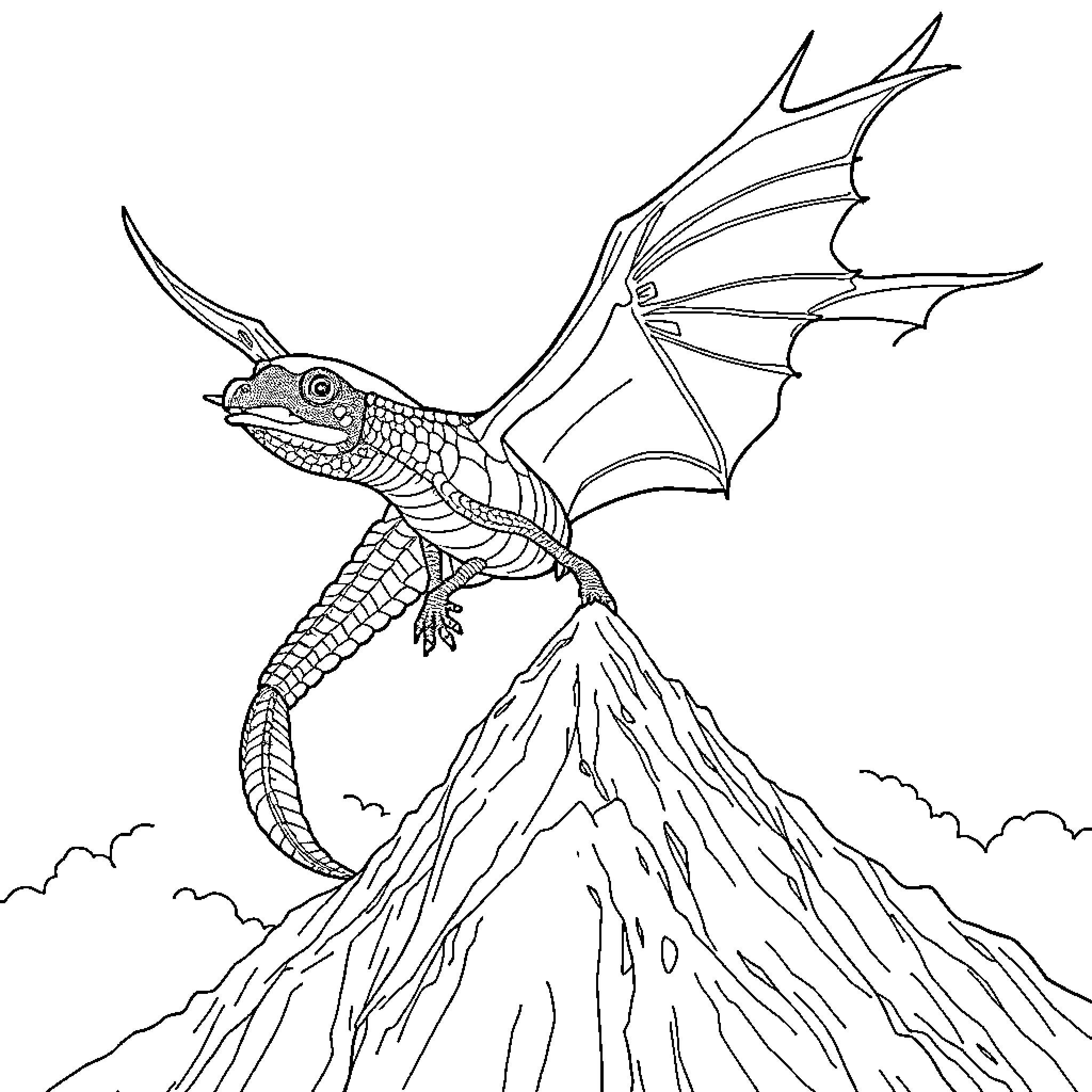 Dragon soaring over volcanic mountains Coloring Page (free black-and-white line drawing printable PDF for all, from beginners to advanced learners, including children, teens, adults, and seniors)