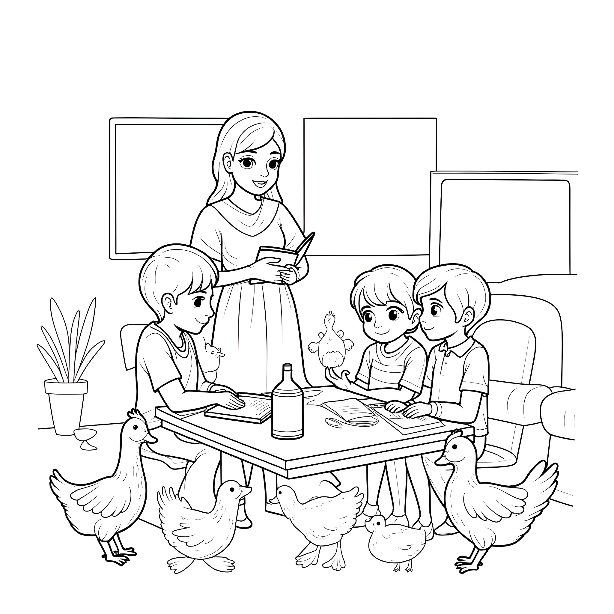 Mom reading to her children at home Coloring Page (free black-and-white line drawing printable PDF for all, from beginners to advanced learners, including children, teens, adults, and seniors)