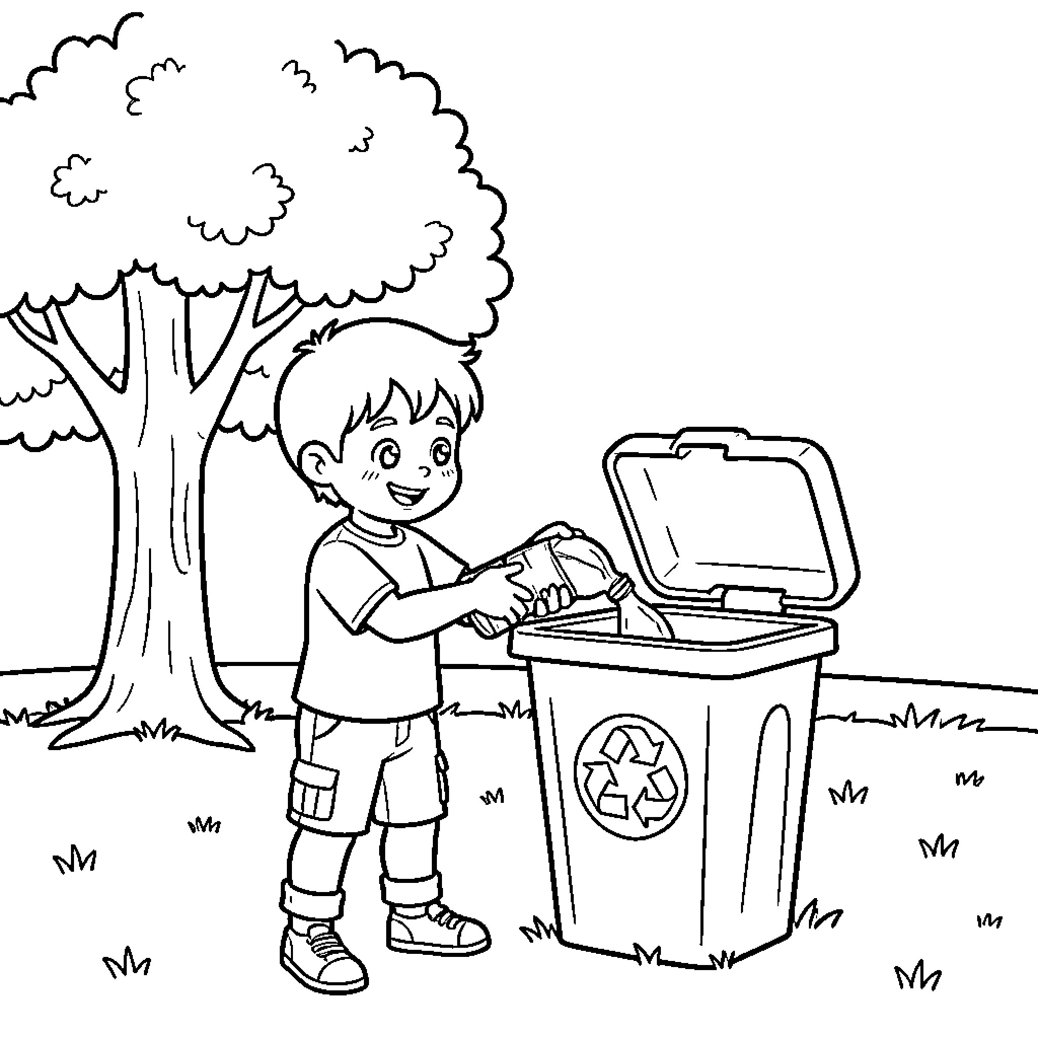 Niño recycling and appreciating nature Coloring Page (free black-and-white line drawing printable PDF for all, from beginners to advanced learners, including children, teens, adults, and seniors)