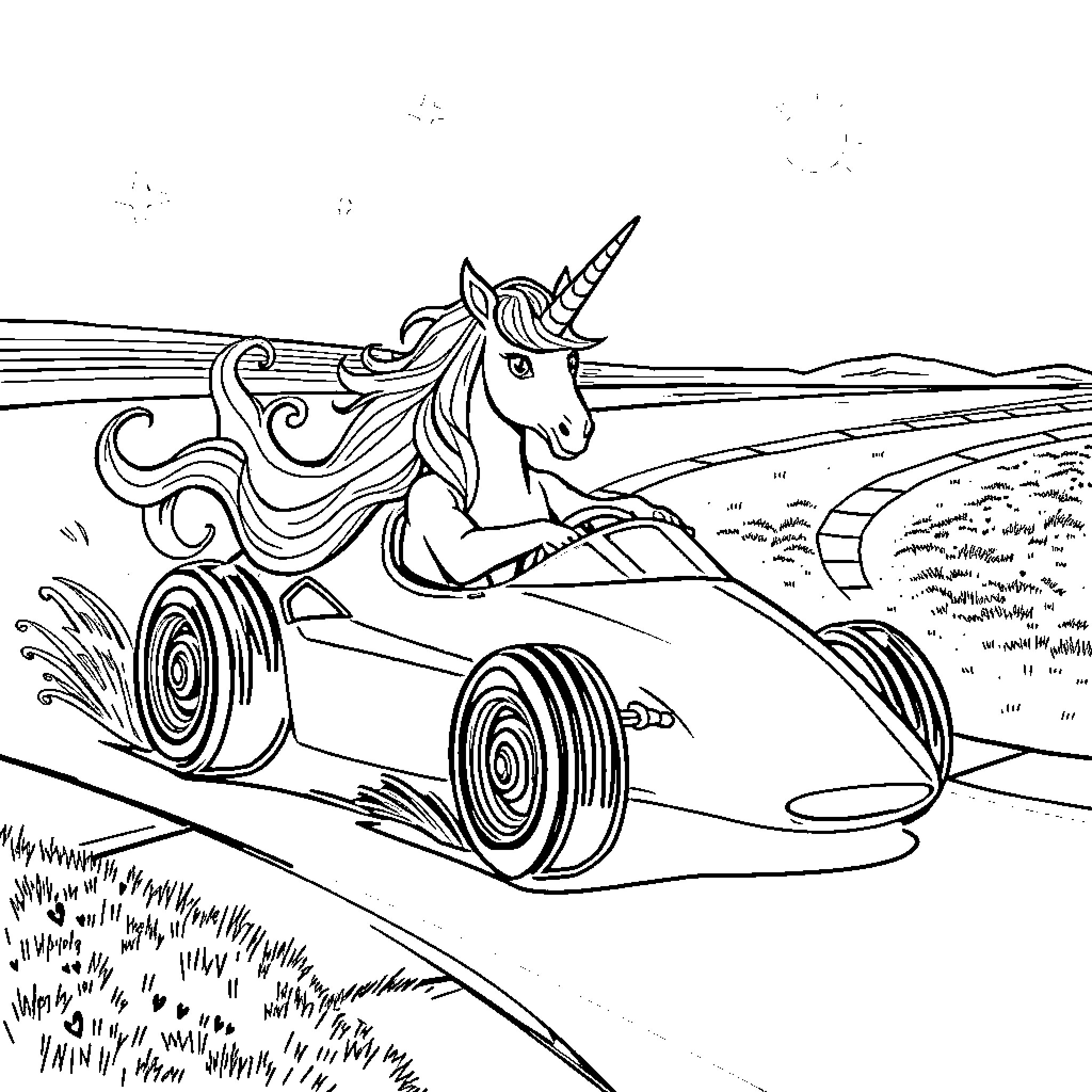 Unicorn riding a magical vehicle through the countryside Coloring Page (free black-and-white line drawing printable PDF for all, from beginners to advanced learners, including children, teens, adults, and seniors)