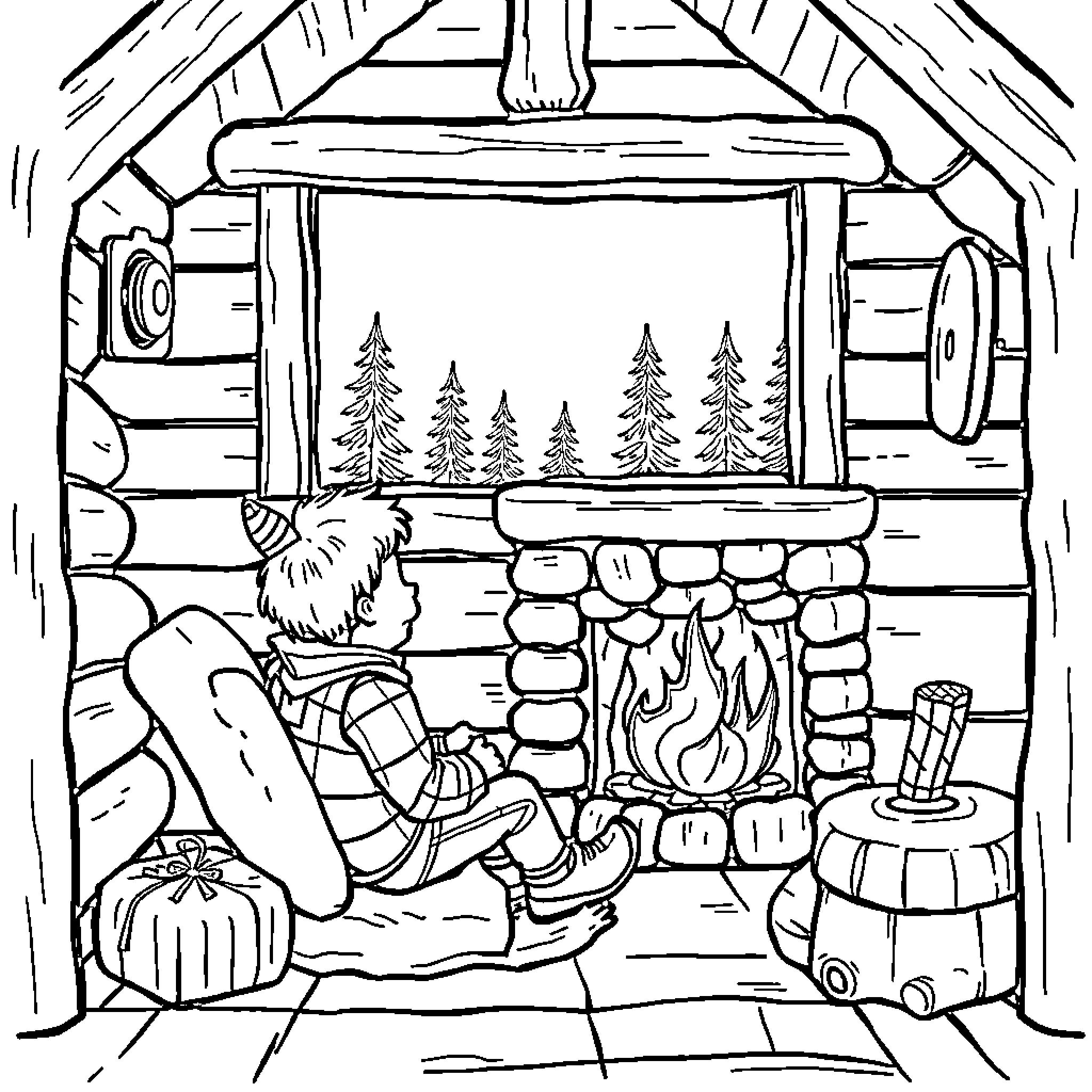 Boy resting by the fireplace in a cozy cabin Coloring Page (free black-and-white line drawing printable PDF for all, from beginners to advanced learners, including children, teens, adults, and seniors)