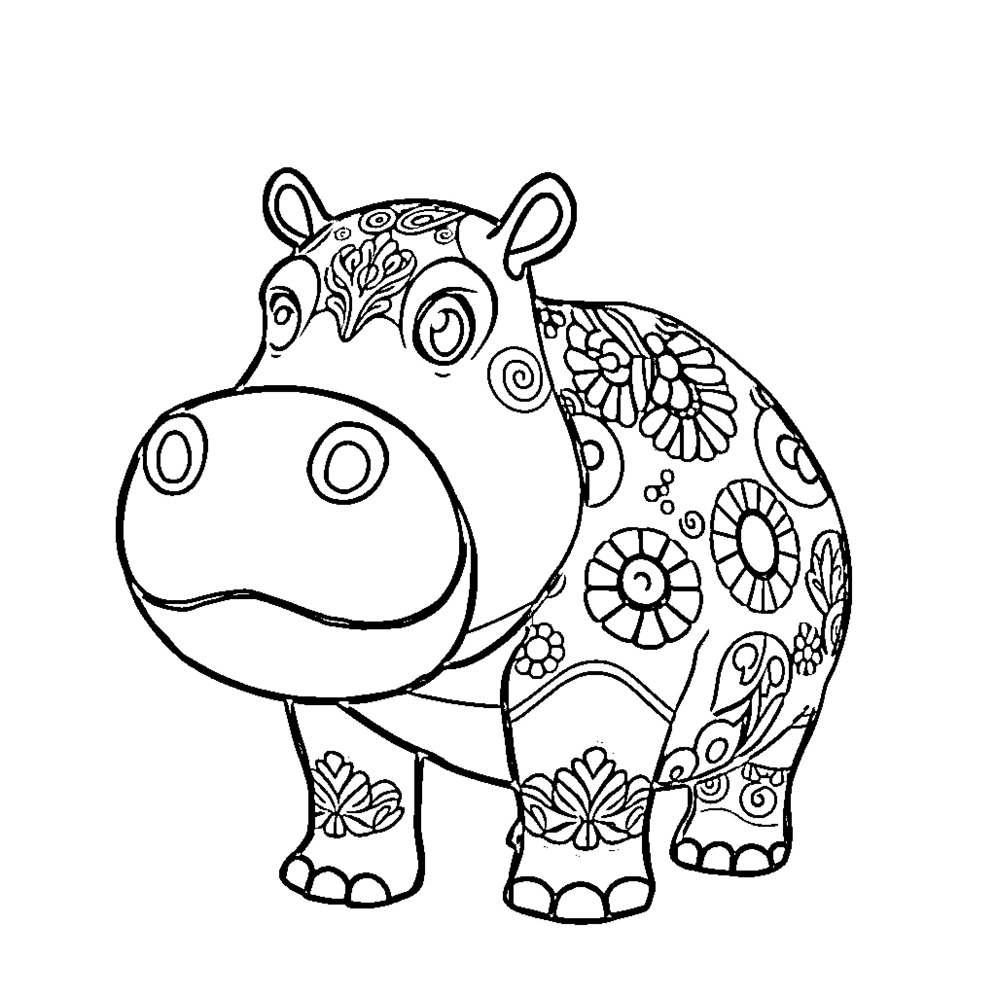 Hippopotamus with intricate floral patterns Coloring Page (free black-and-white line drawing printable PDF for all, from beginners to advanced learners, including children, teens, adults, and seniors)