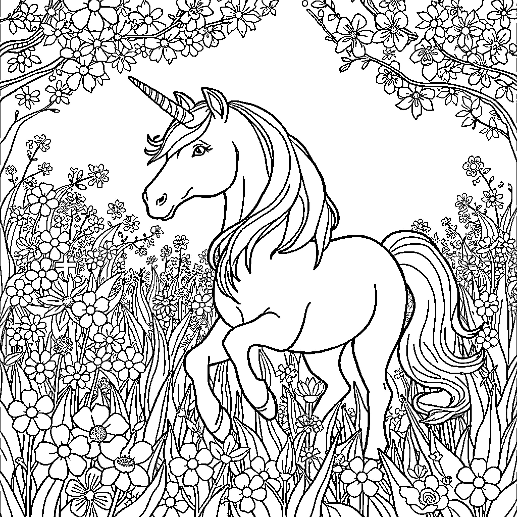 Unicorn in a Magical Floral Wonderland Coloring Page (free black-and-white line drawing printable PDF for all, from beginners to advanced learners, including children, teens, adults, and seniors)