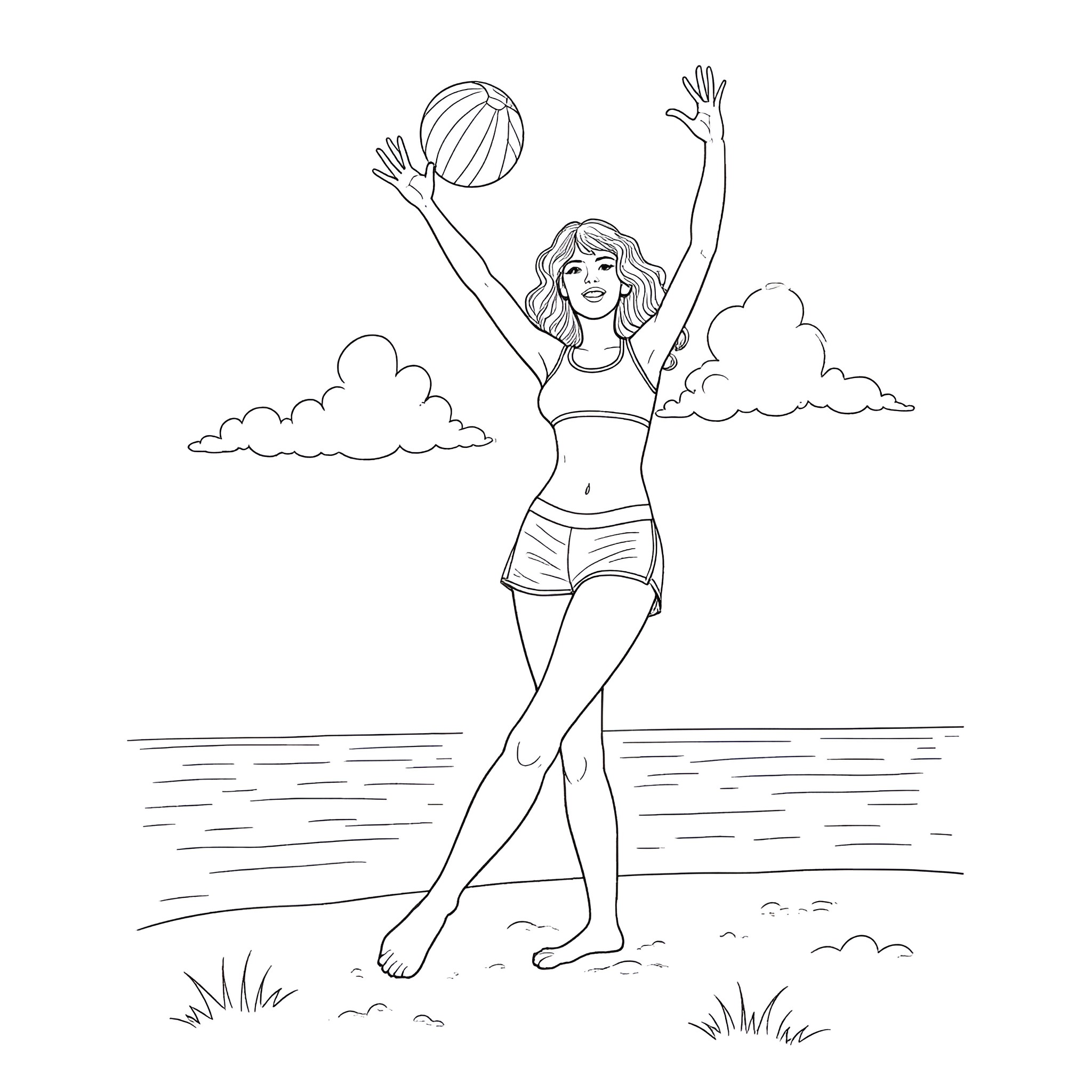 Taylor Swift joyfully playing with a beach ball on the shore Coloring Page (free black-and-white line drawing printable PDF for all, from beginners to advanced learners, including children, teens, adults, and seniors)