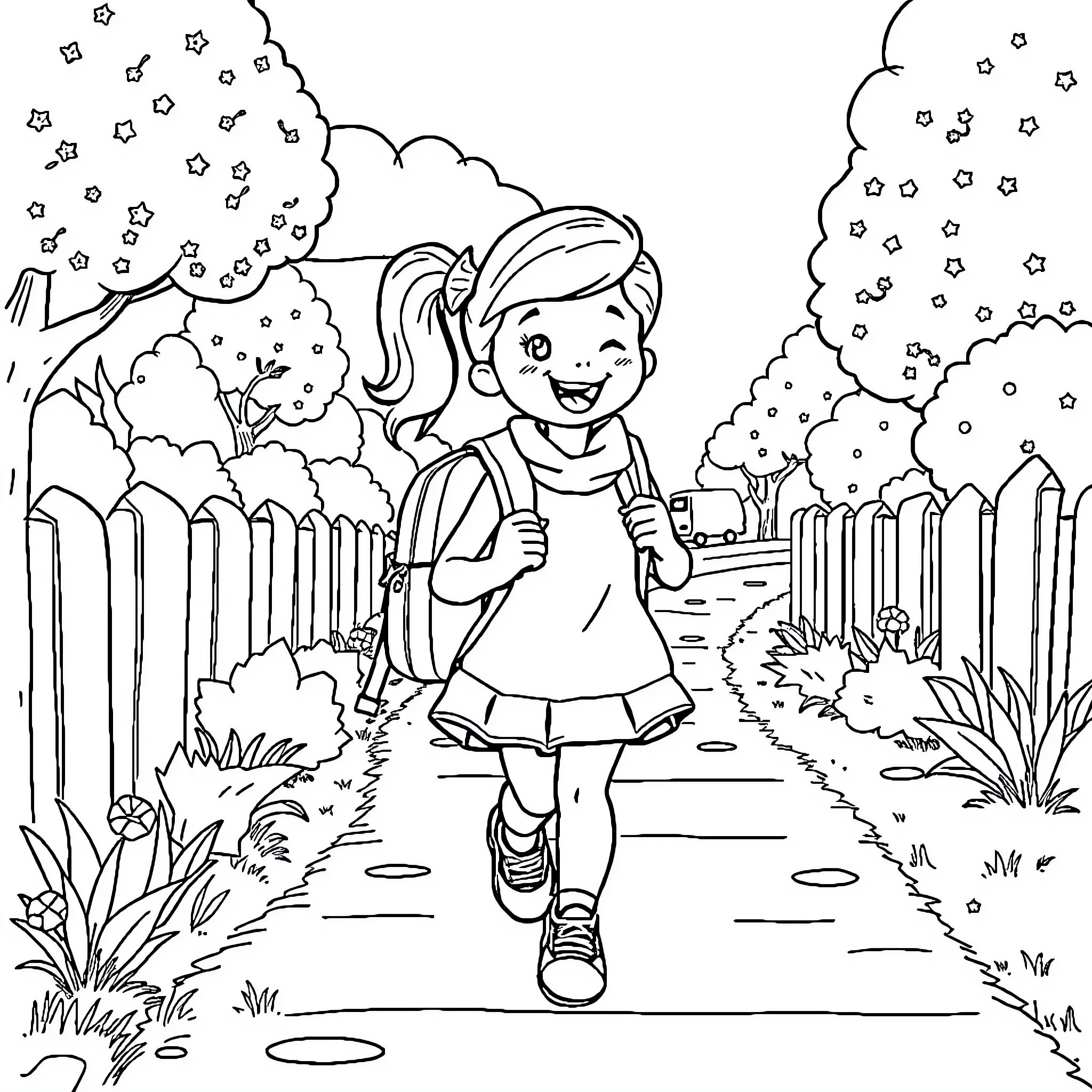 Bluey happily skipping along a garden path Coloring Page (free black-and-white line drawing printable PDF for all, from beginners to advanced learners, including children, teens, adults, and seniors)