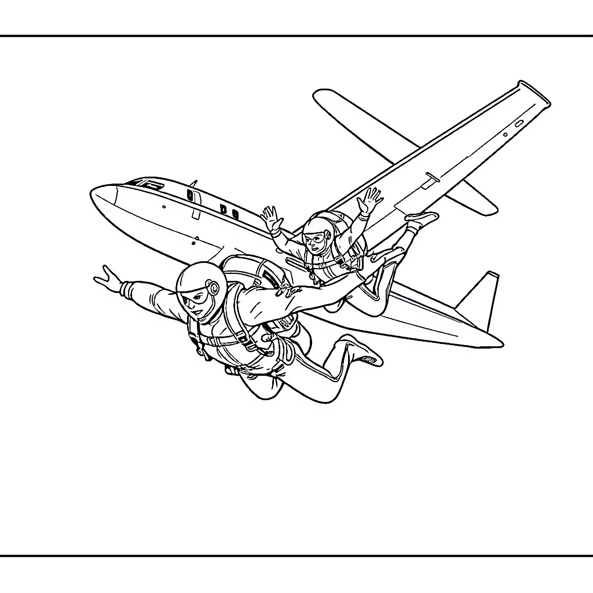 Skydiver duo perform acrobatic stunts mid-air Coloring Page (free black-and-white line drawing printable PDF for all, from beginners to advanced learners, including children, teens, adults, and seniors)