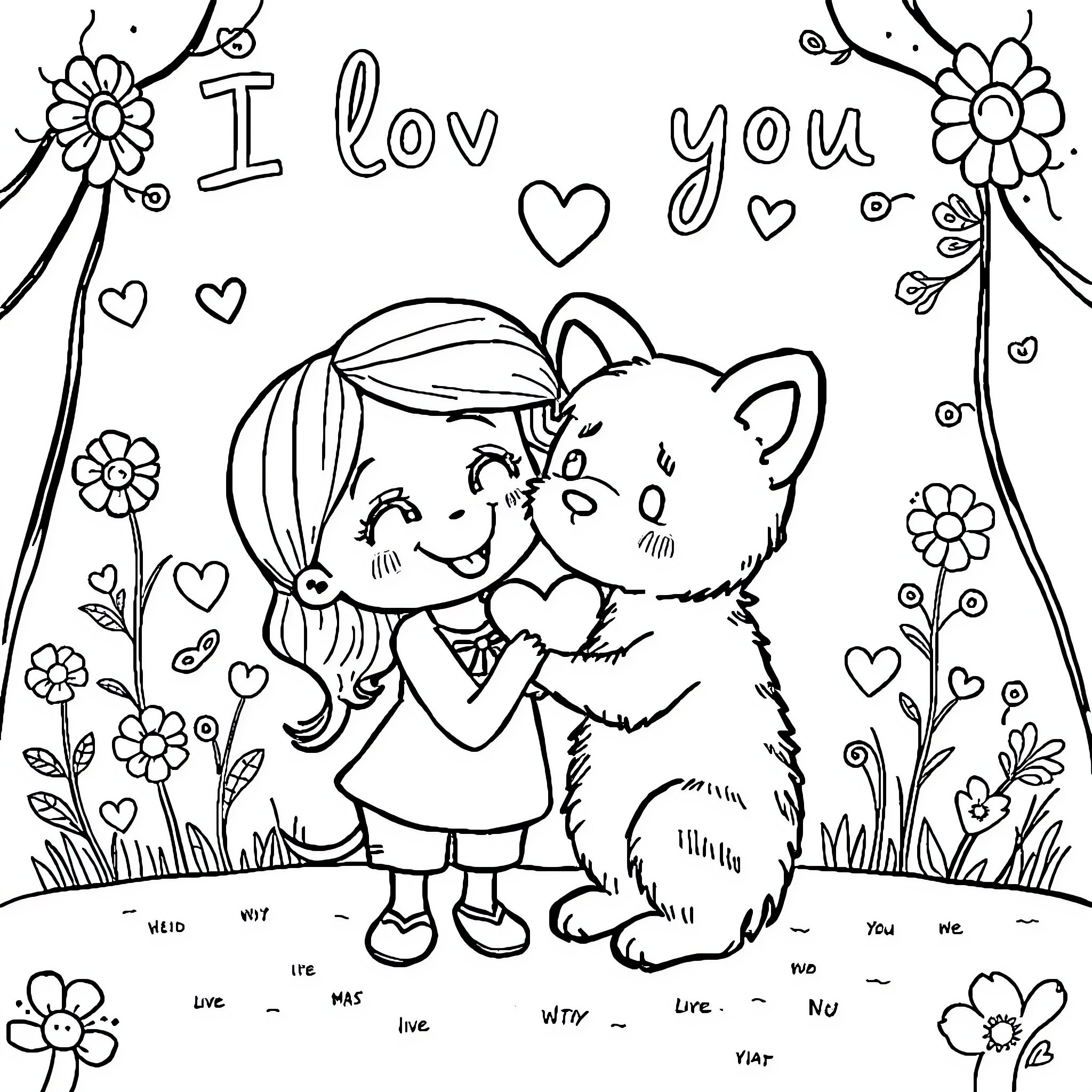 Callie's Joyful Embrace with a Furry Friend Coloring Page (free black-and-white line drawing printable PDF for all, from beginners to advanced learners, including children, teens, adults, and seniors)