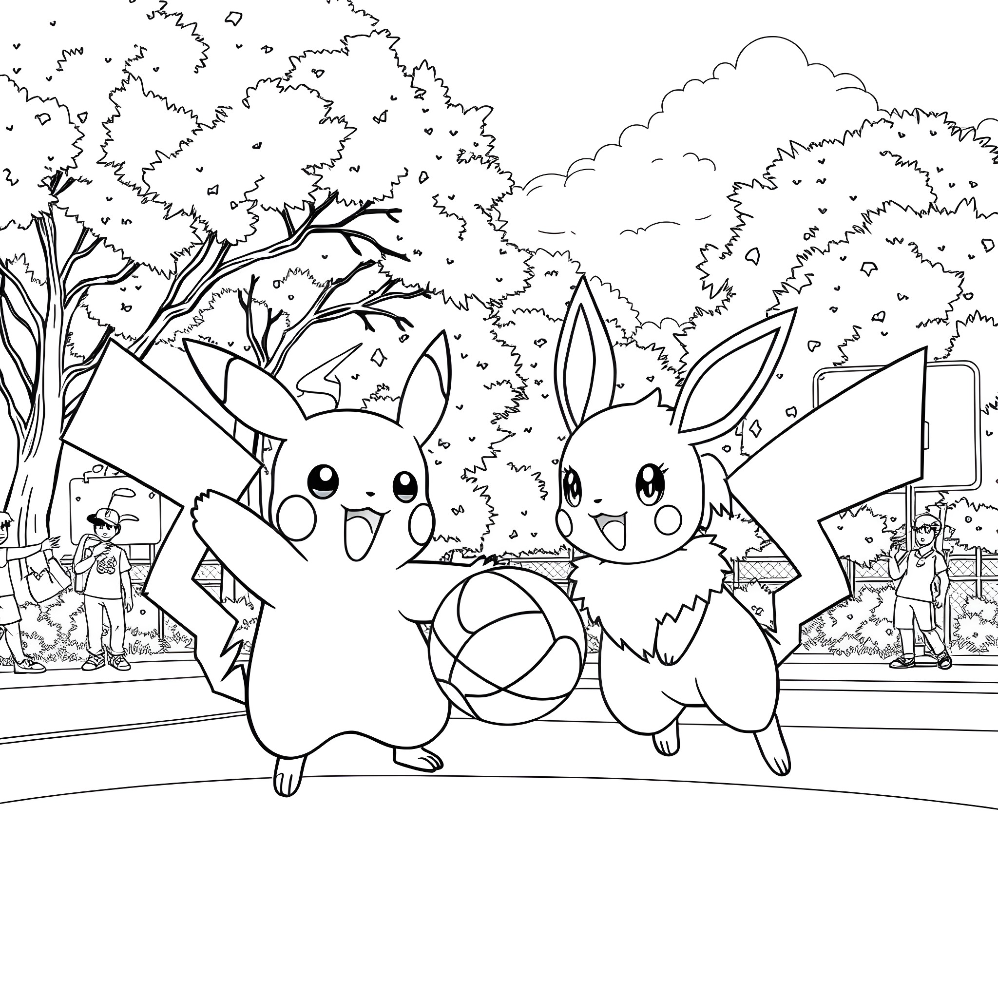 Pikachu and Buneary playing together in the park Coloring Page (free black-and-white line drawing printable PDF for all, from beginners to advanced learners, including children, teens, adults, and seniors)