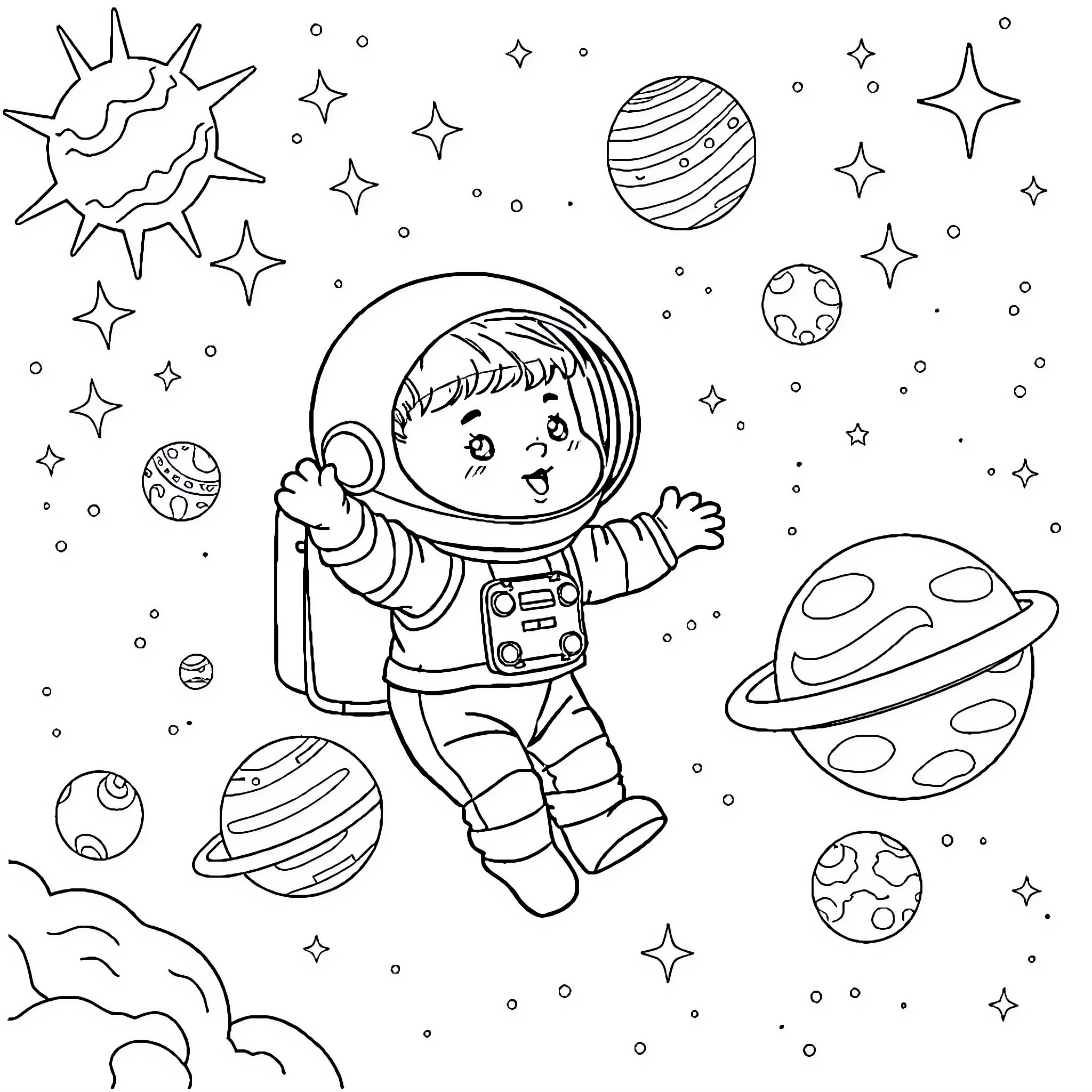 Baby Boy Exploring the Wonders of Outer Space Coloring Page (free black-and-white line drawing printable PDF for all, from beginners to advanced learners, including children, teens, adults, and seniors)