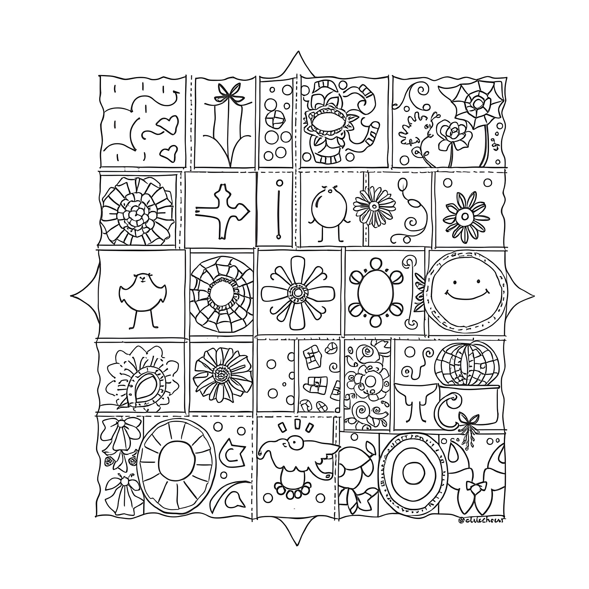 Patchwork of Whimsical Designs and Patterns Coloring Page (free black-and-white line drawing printable PDF for all, from beginners to advanced learners, including children, teens, adults, and seniors)