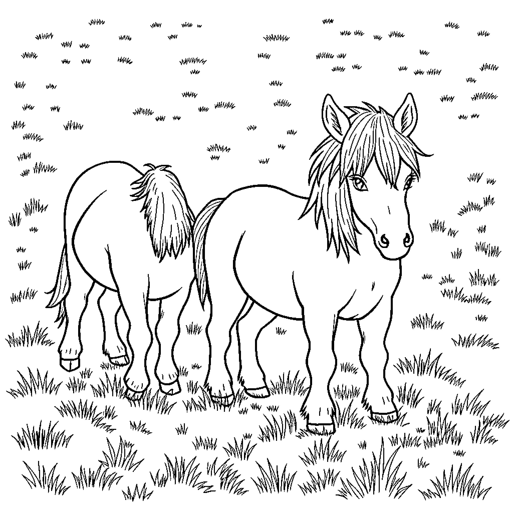Pony standing in a grassy field Coloring Page (free black-and-white line drawing printable PDF for all, from beginners to advanced learners, including children, teens, adults, and seniors)