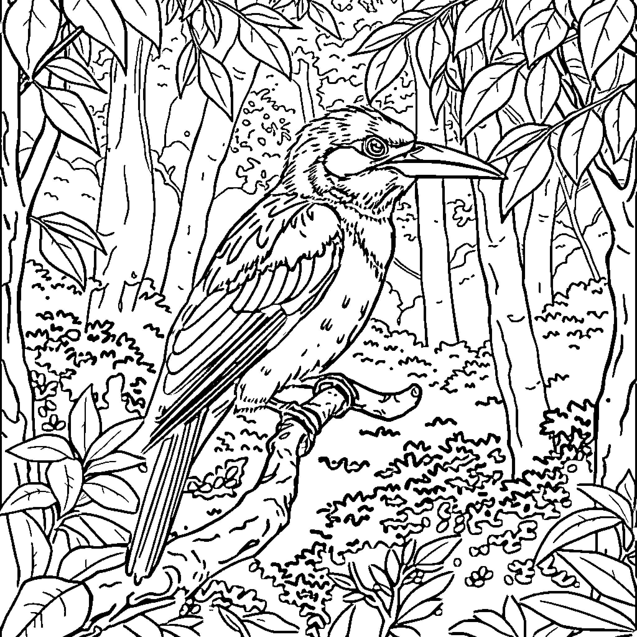 Hojarasquin: Bird in Lush Forest Habitat Coloring Page (free black-and-white line drawing printable PDF for all, from beginners to advanced learners, including children, teens, adults, and seniors)