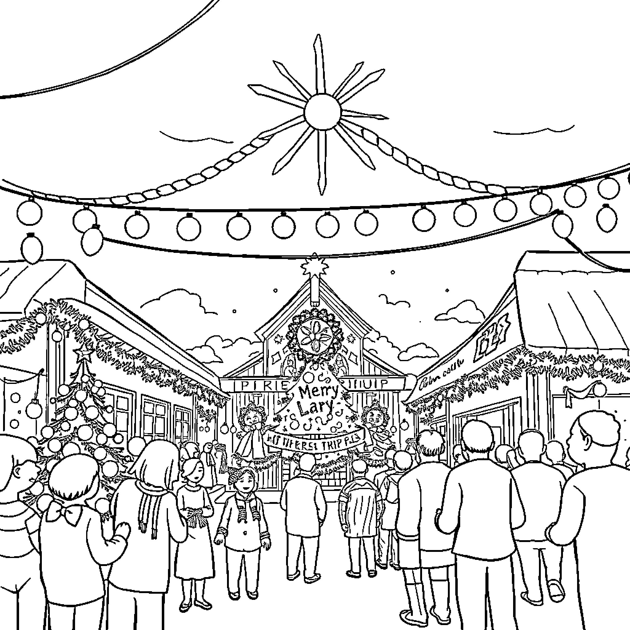 Christmas festival with people enjoying the festivities Coloring Page (free black-and-white line drawing printable PDF for all, from beginners to advanced learners, including children, teens, adults, and seniors)