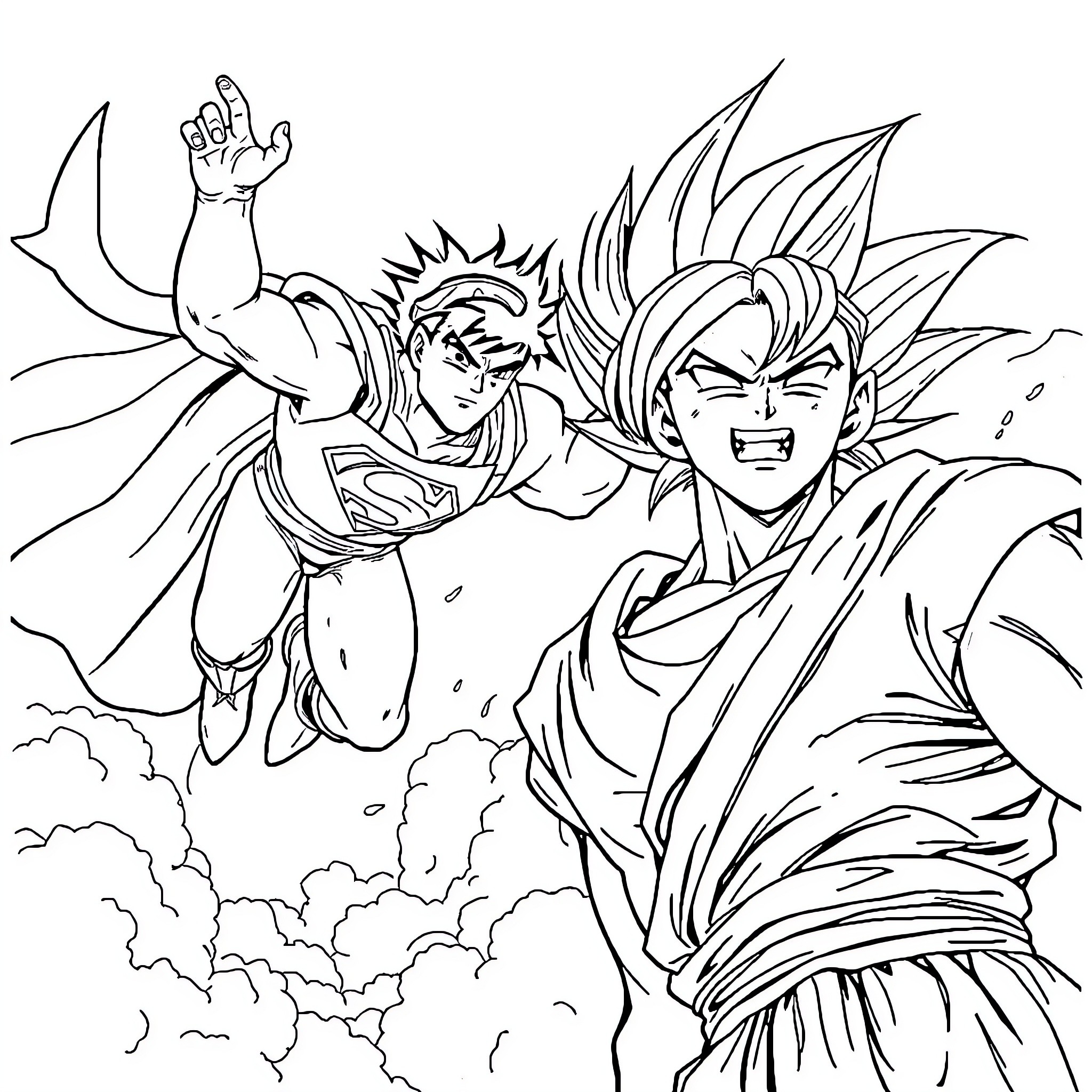 Superman and Super Saiyan warrior in epic battle Coloring Page (free black-and-white line drawing printable PDF for all, from beginners to advanced learners, including children, teens, adults, and seniors)