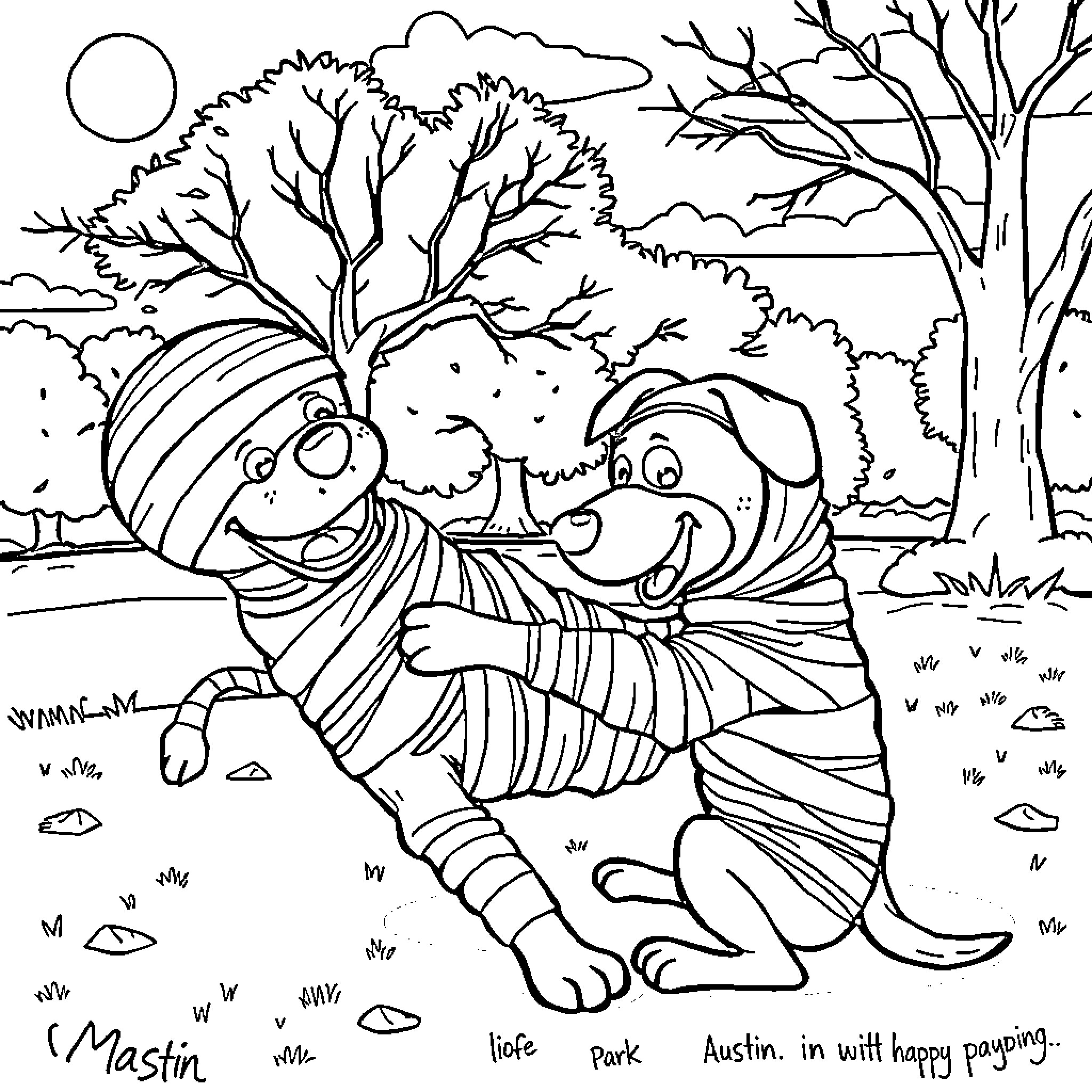 Dog playing happily in the park Coloring Page (free black-and-white line drawing printable PDF for all, from beginners to advanced learners, including children, teens, adults, and seniors)