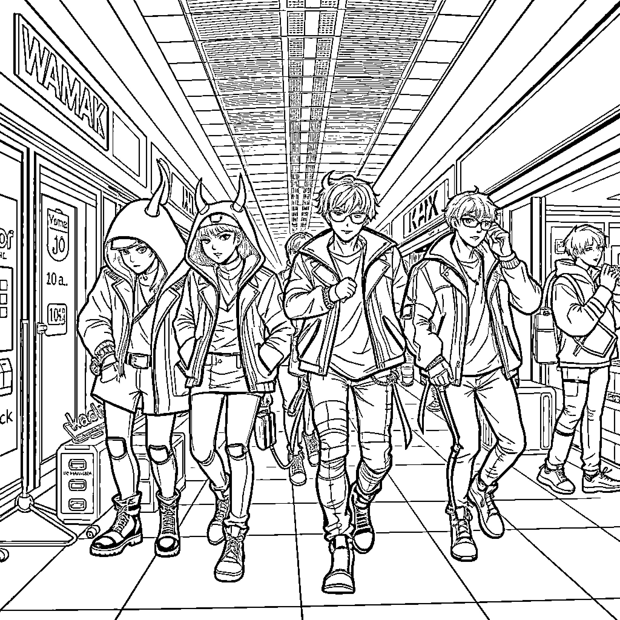 Demon Hunter Teens Walking Through Urban Subway Station Coloring Page (free black-and-white line drawing printable PDF for all, from beginners to advanced learners, including children, teens, adults, and seniors)
