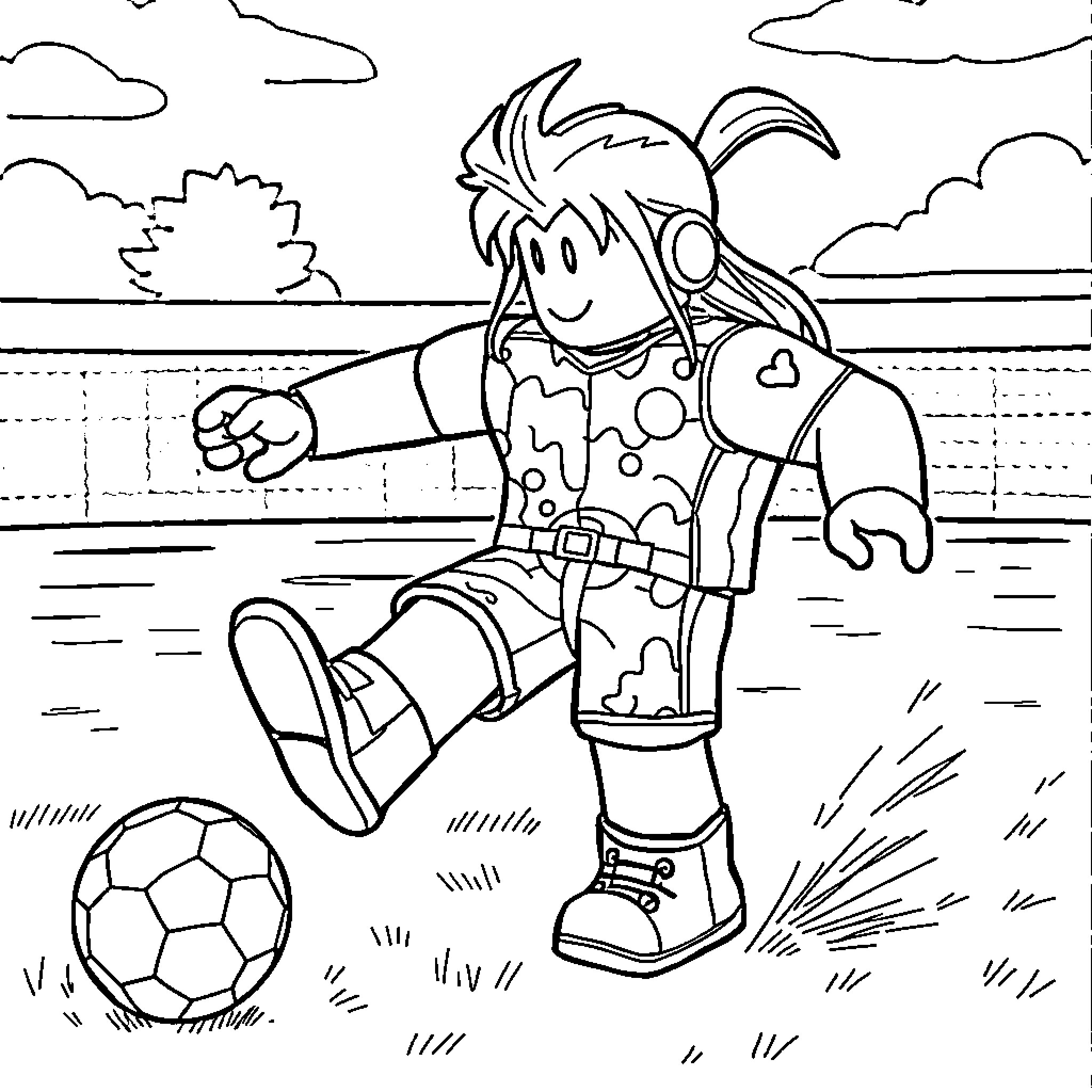 Roblox Character Playing Soccer Outdoors Coloring Page (free black-and-white line drawing printable PDF for all, from beginners to advanced learners, including children, teens, adults, and seniors)