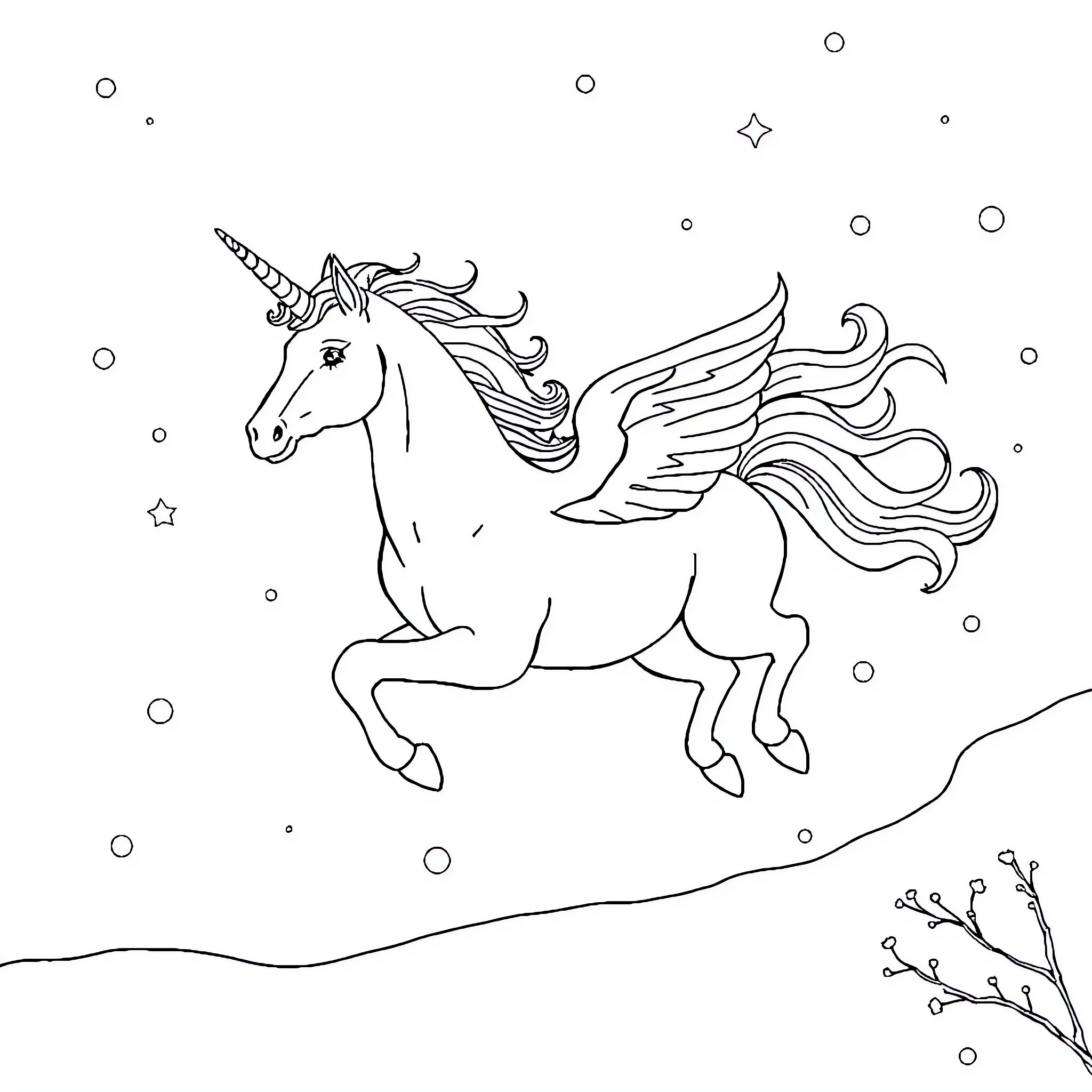 Unicorn soaring through the starry night sky Coloring Page (free black-and-white line drawing printable PDF for all, from beginners to advanced learners, including children, teens, adults, and seniors)