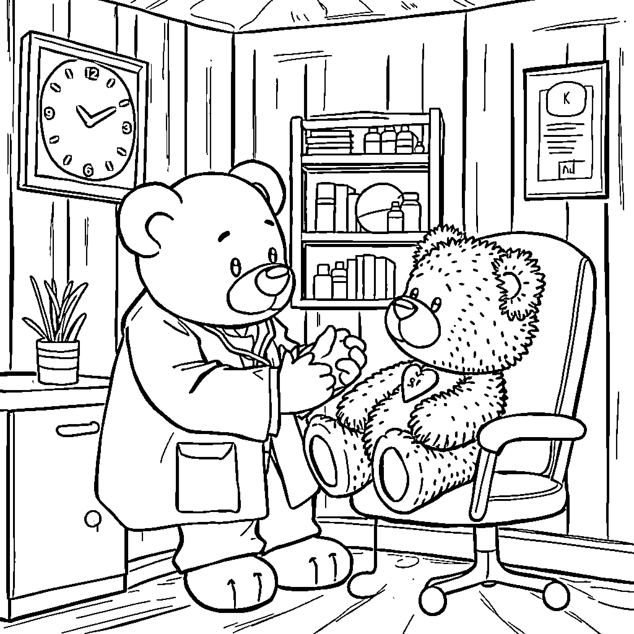 Doc McStuffins Examines Stuffed Animal Patient in Clinic Coloring Page (free black-and-white line drawing printable PDF for all, from beginners to advanced learners, including children, teens, adults, and seniors)