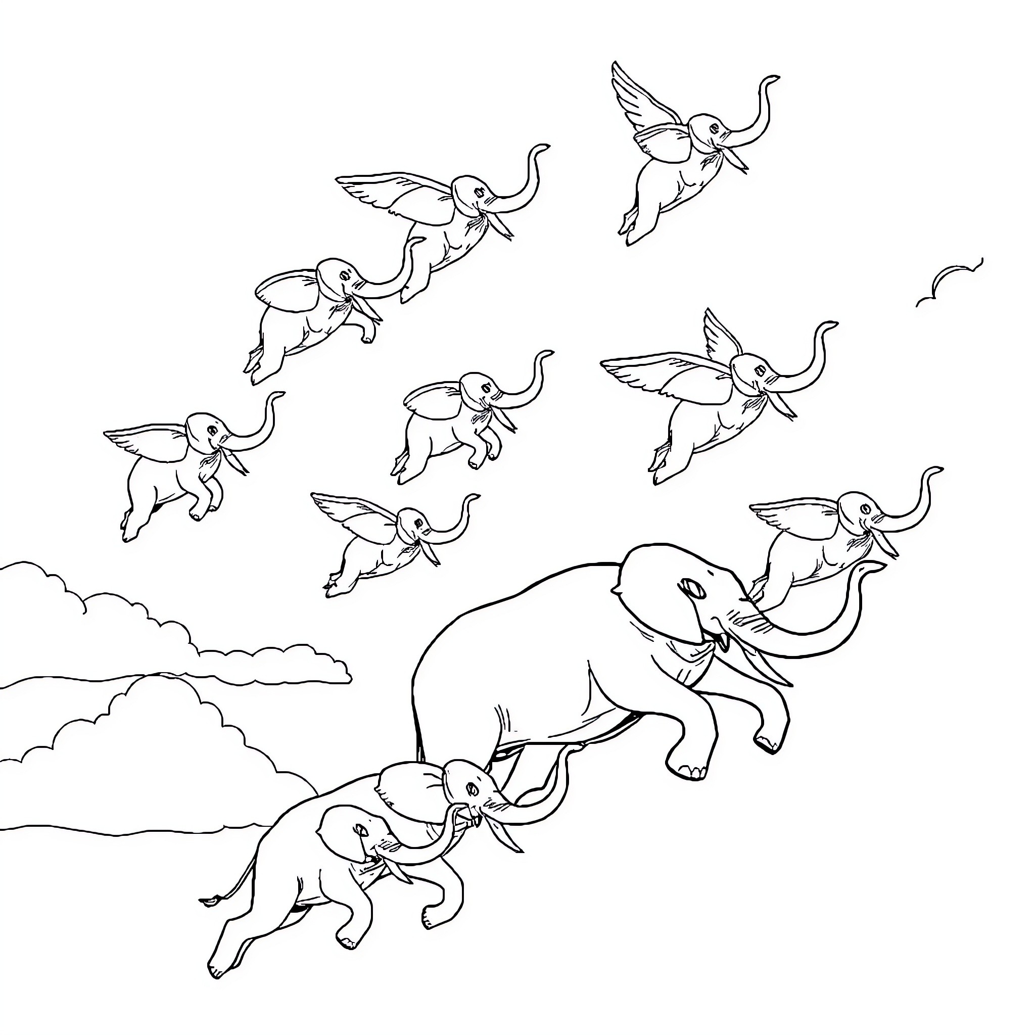 Elephant family flying with cherubs in the sky Coloring Page (free black-and-white line drawing printable PDF for all, from beginners to advanced learners, including children, teens, adults, and seniors)