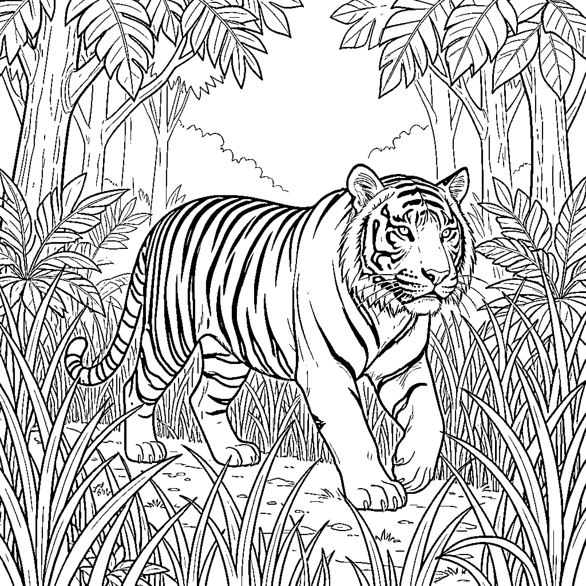 Tiger roaming in lush jungle environment Coloring Page (free black-and-white line drawing printable PDF for all, from beginners to advanced learners, including children, teens, adults, and seniors)