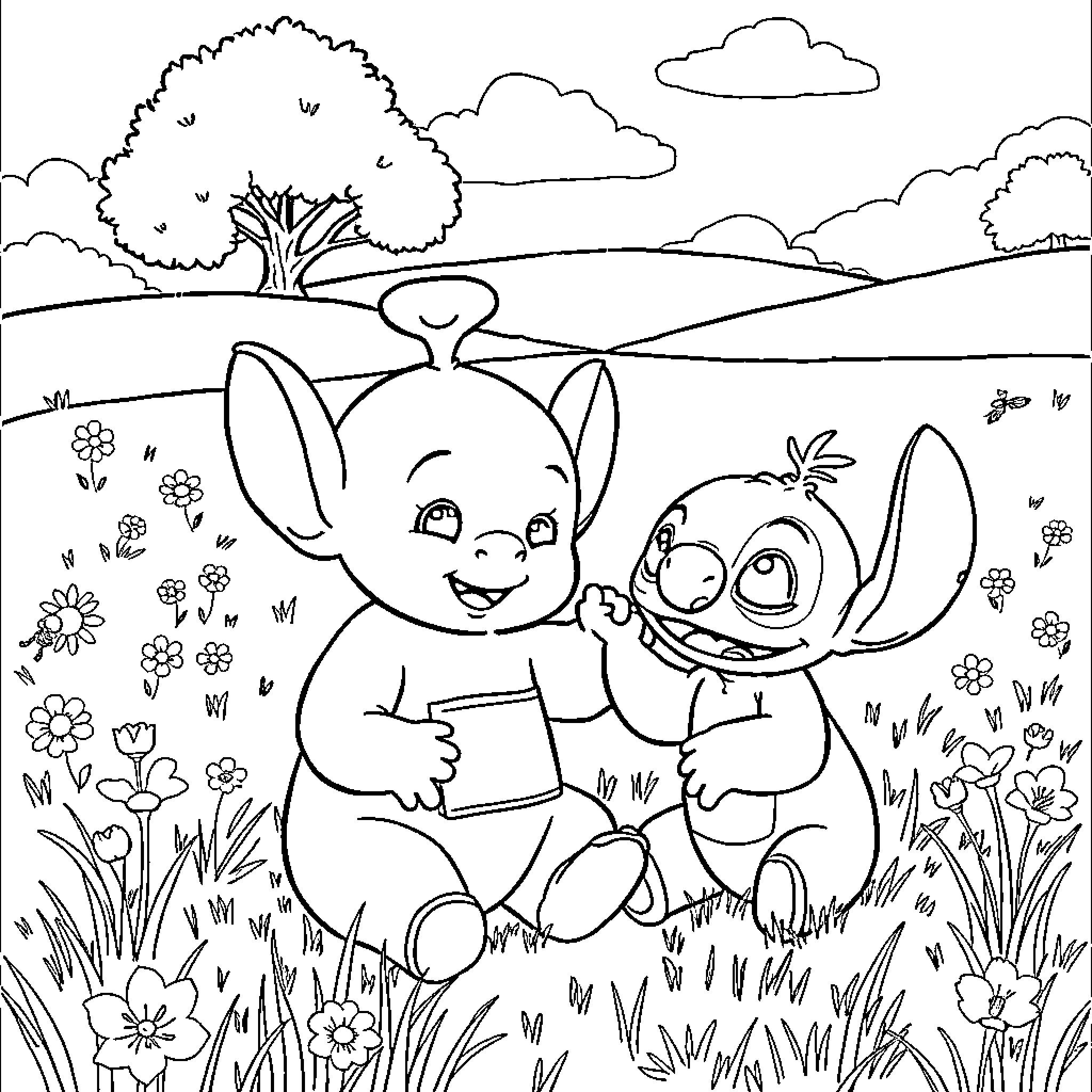 Popo and Puppy's Adventure in the Meadow Coloring Page (free black-and-white line drawing printable PDF for all, from beginners to advanced learners, including children, teens, adults, and seniors)