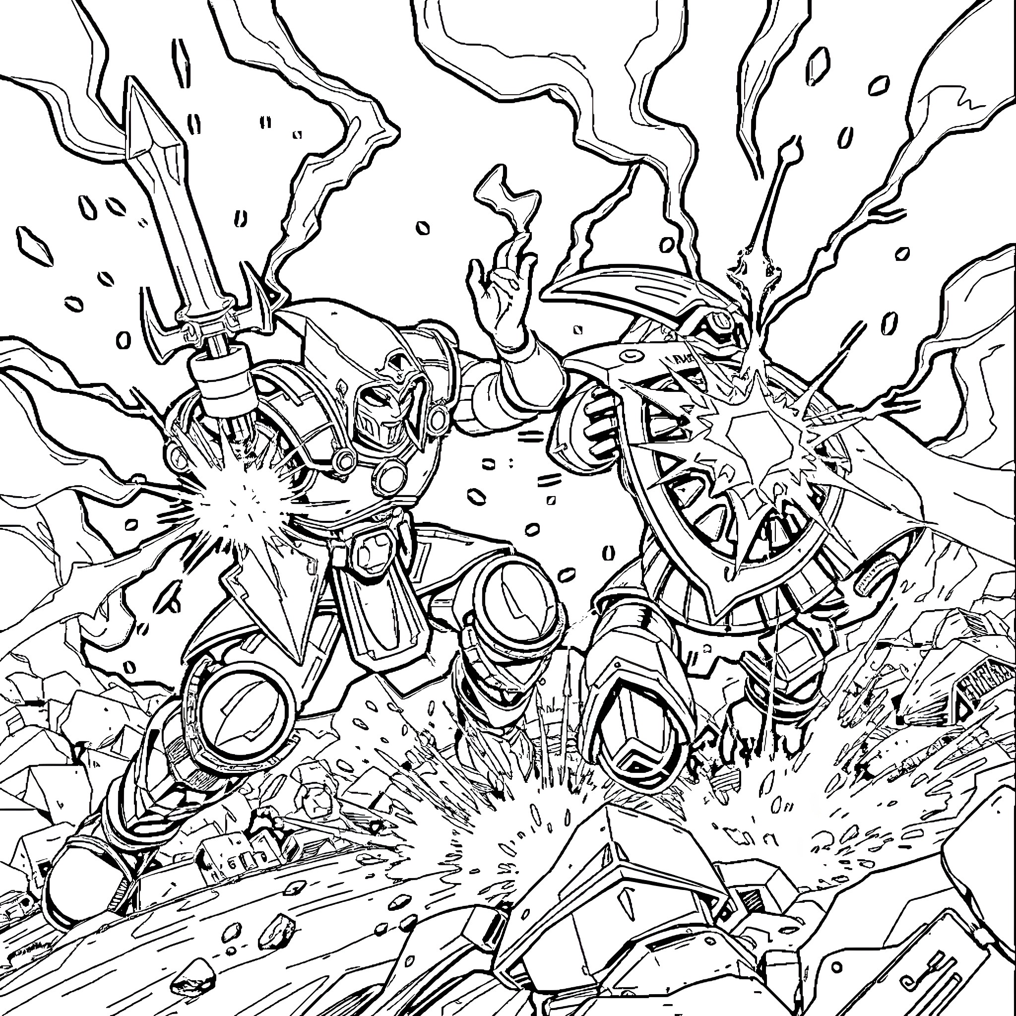 Masterchief unleashing power in intense battle Coloring Page (free black-and-white line drawing printable PDF for all, from beginners to advanced learners, including children, teens, adults, and seniors)