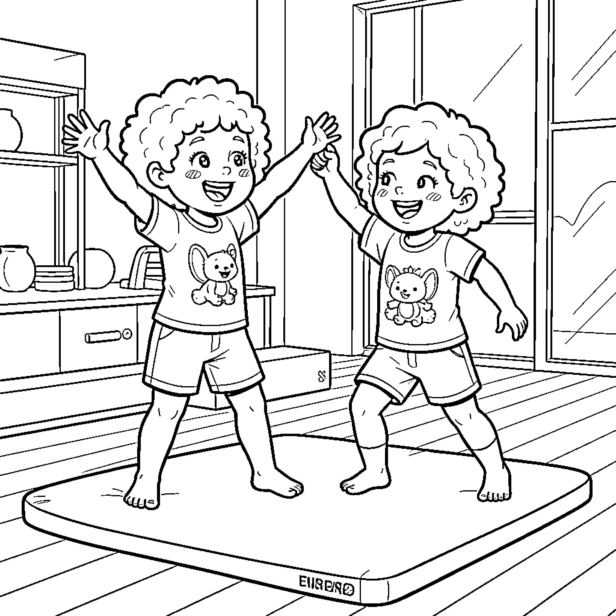 Girls playing joyfully in room Coloring Page (free black-and-white line drawing printable PDF for all, from beginners to advanced learners, including children, teens, adults, and seniors)