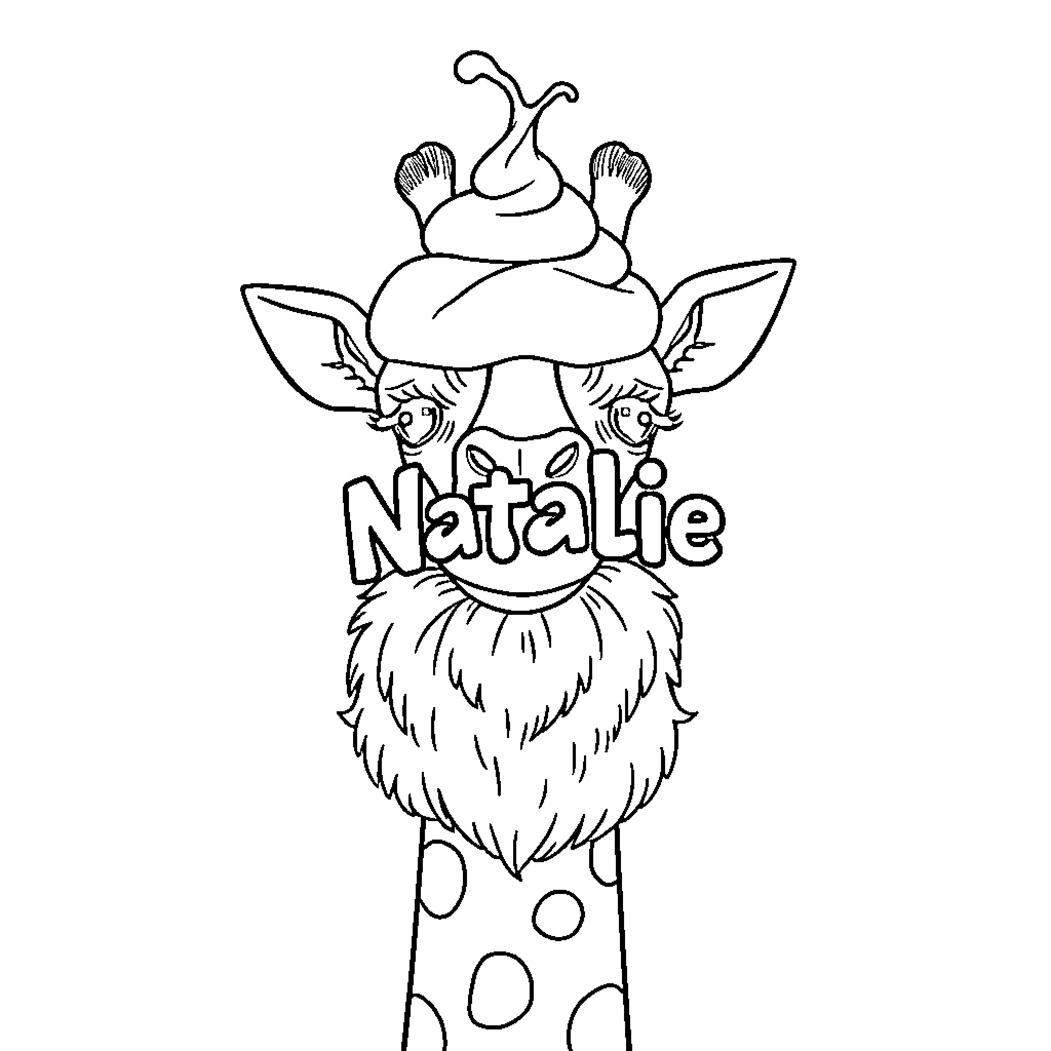 Giraffe with whimsical creature on its head Coloring Page (free black-and-white line drawing printable PDF for all, from beginners to advanced learners, including children, teens, adults, and seniors)