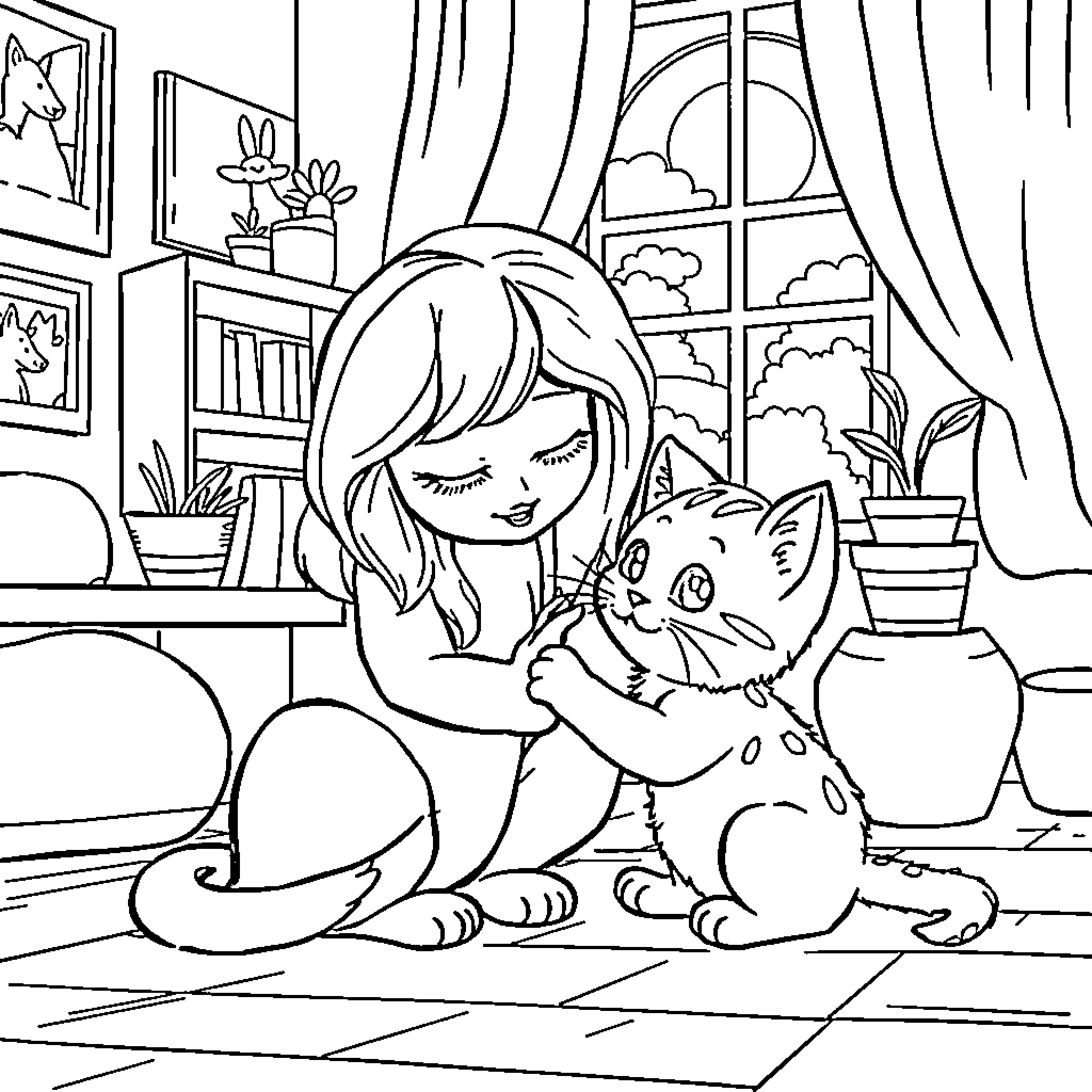 Cat enjoying a quiet moment with owner at home Coloring Page (free black-and-white line drawing printable PDF for all, from beginners to advanced learners, including children, teens, adults, and seniors)