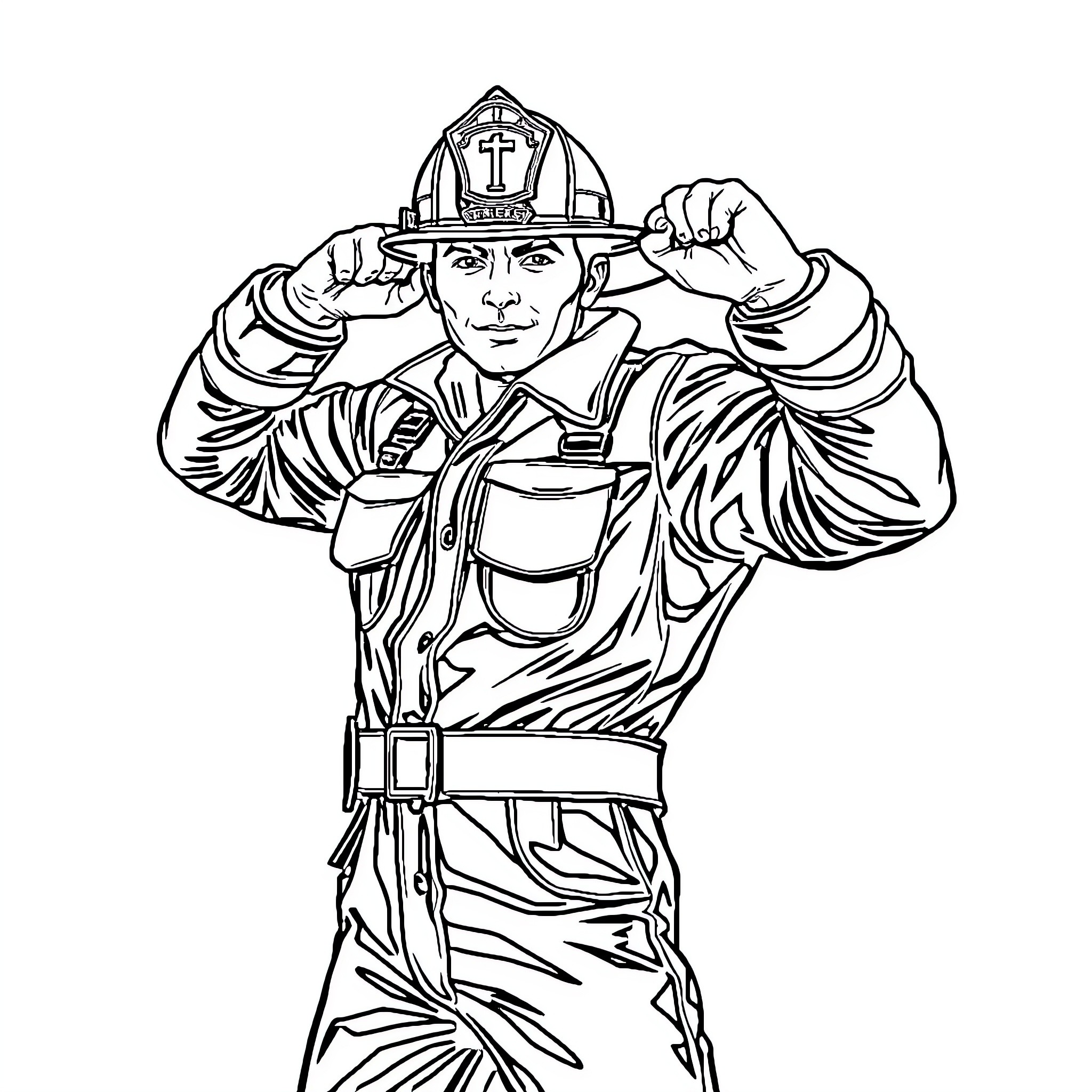 Fireman in Heroic Pose Wearing Protective Gear Coloring Page (free black-and-white line drawing printable PDF for all, from beginners to advanced learners, including children, teens, adults, and seniors)
