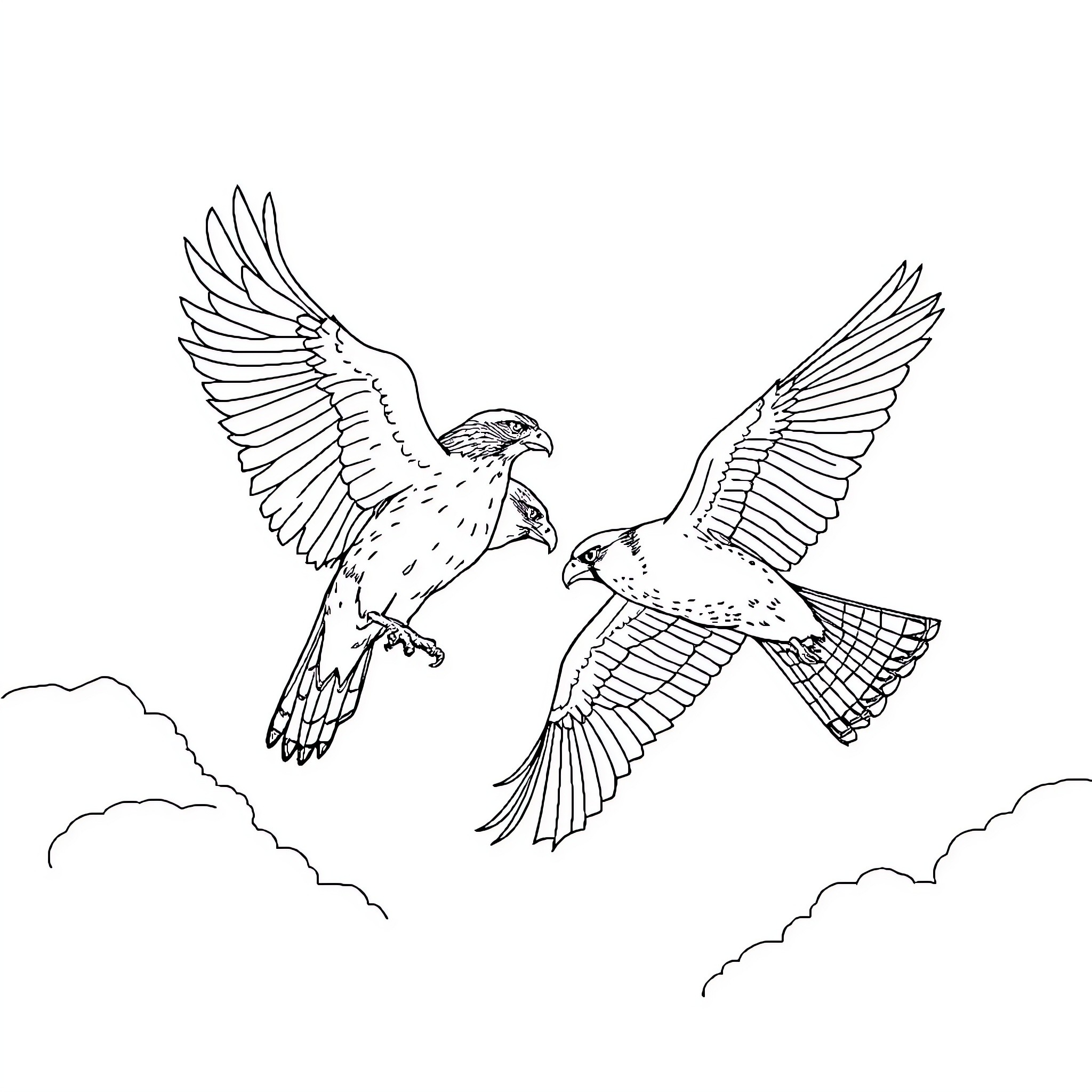 Hawk soaring gracefully through the sky Coloring Page (free black-and-white line drawing printable PDF for all, from beginners to advanced learners, including children, teens, adults, and seniors)