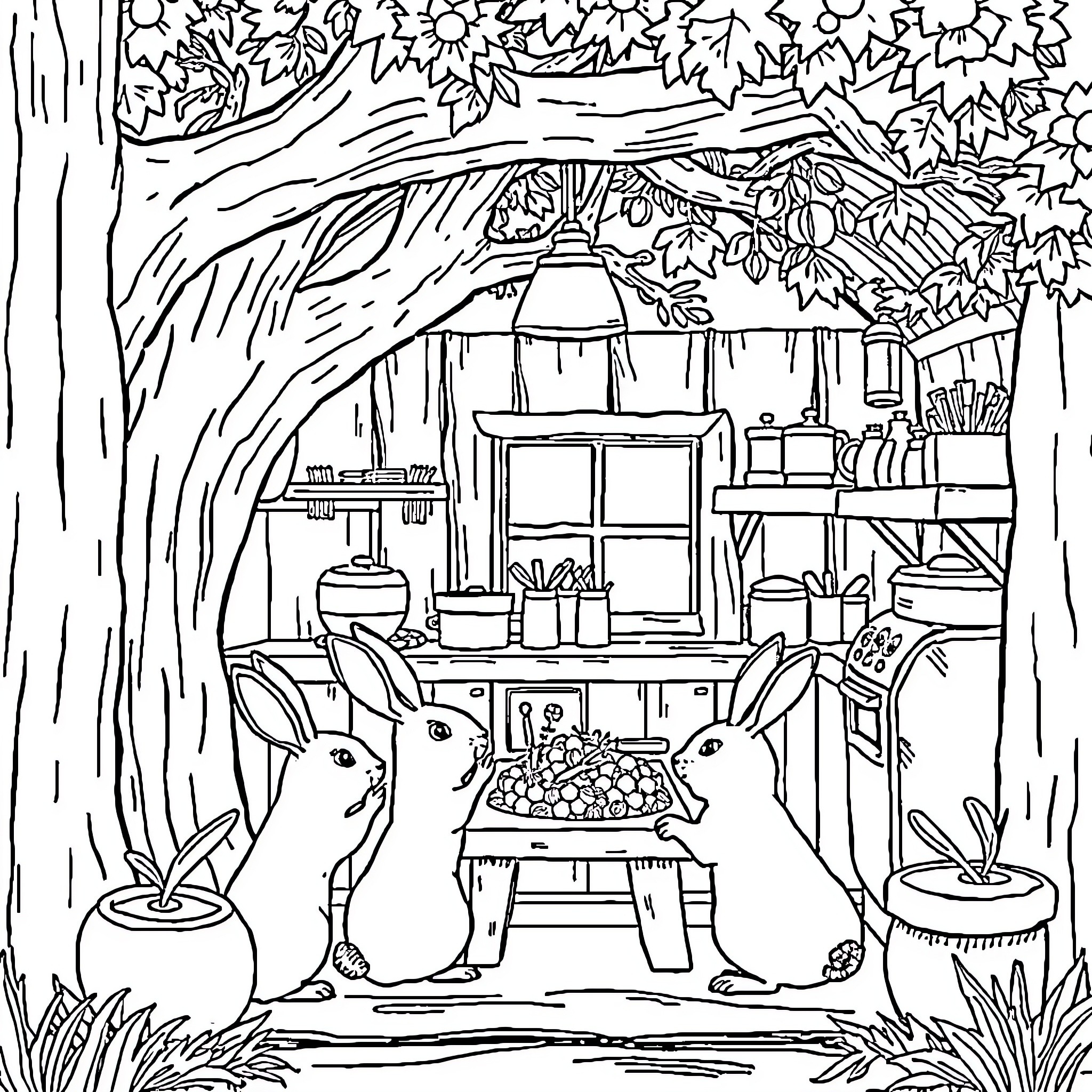 Rabbit exploring a cozy backyard garden Coloring Page (free black-and-white line drawing printable PDF for all, from beginners to advanced learners, including children, teens, adults, and seniors)